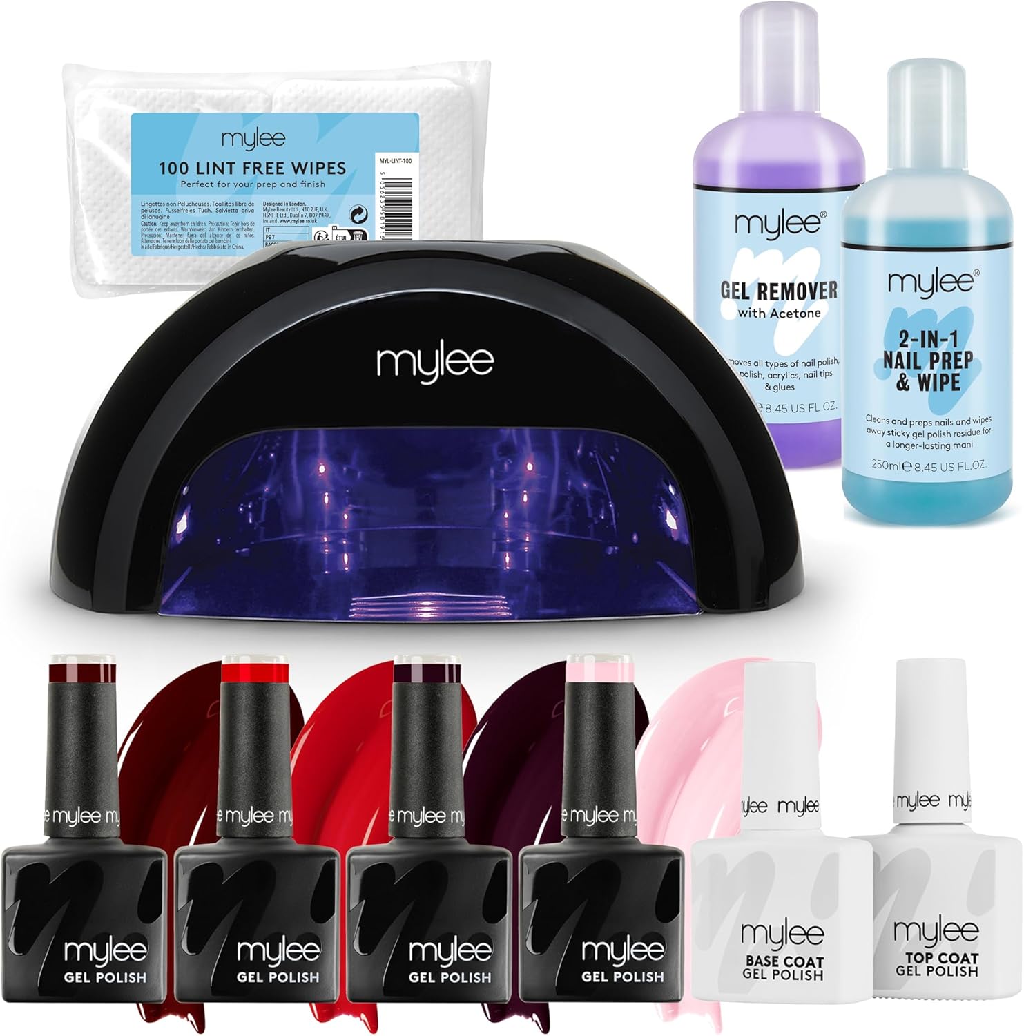 Mylee Complete Professional Gel Nail Polish LED Lamp Kit, 4x Colours, Top & Base...