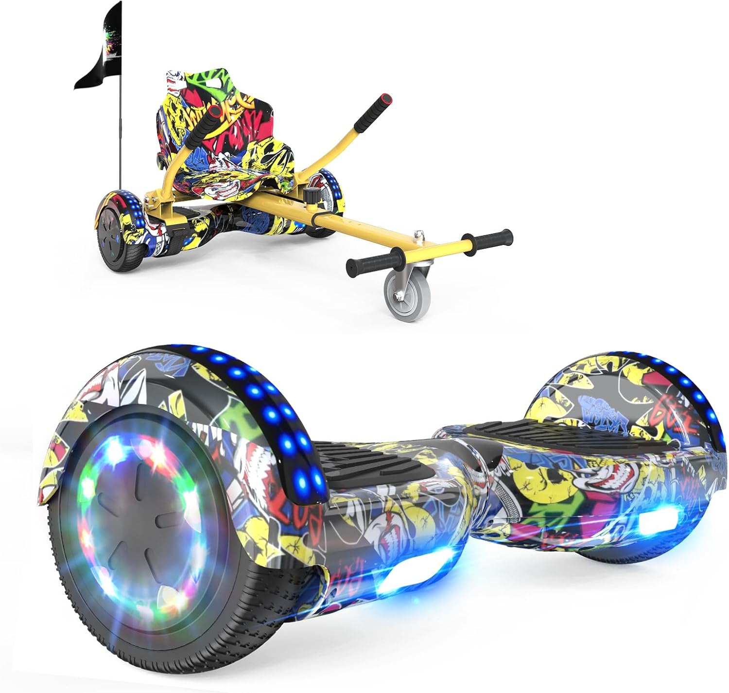 RCB Hoverboards with Go Kart Seat Bundle for Kids Segways Built in LED lights Bl...