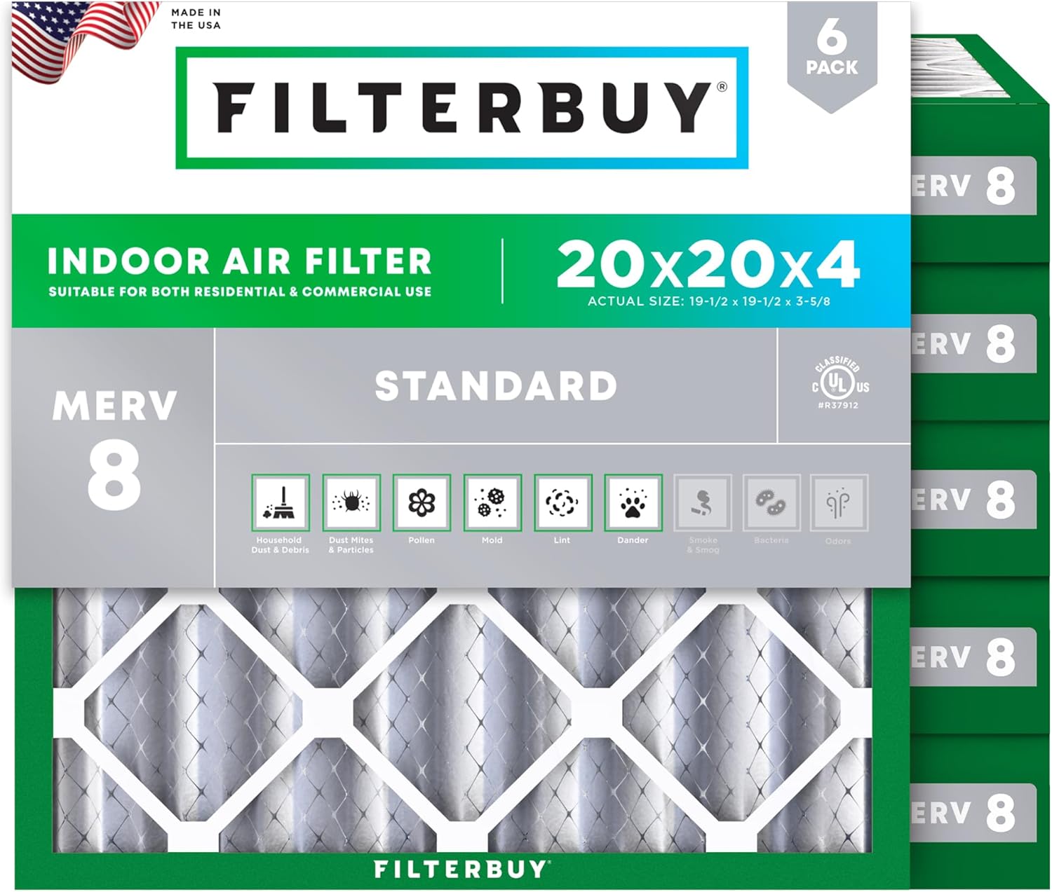 Filterbuy 20x20x4 Air Filter MERV 8 Essential Dust & Allergy Defense (6-Pack), E...