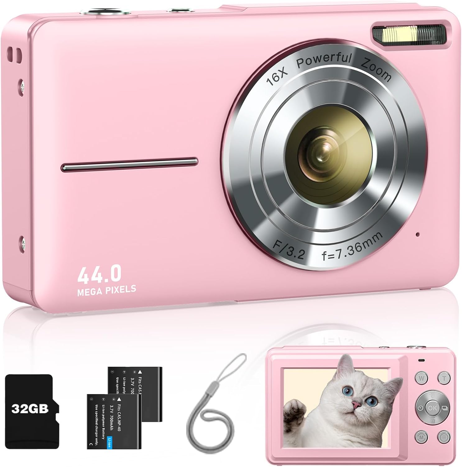 Digital Camera, FHD 1080P Point and Shoot Kids Camera, with 32GB Card, 2 Batteri...
