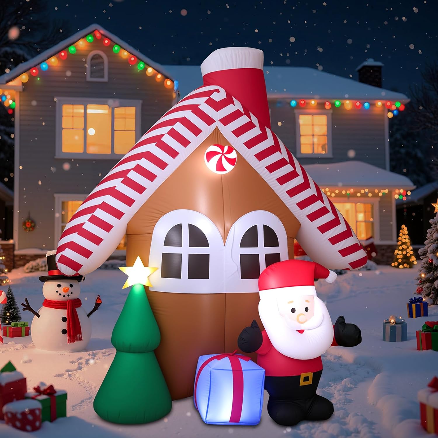 7FT Inflatable Christmas Decoration, Special Candy House with Santa Claus, Uniqu...