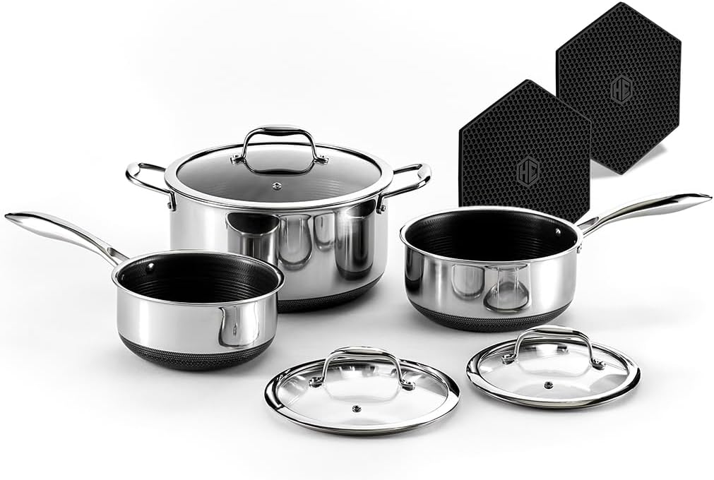 HexClad Hybrid Nonstick 6-Piece Pot Set with 2 Sil...