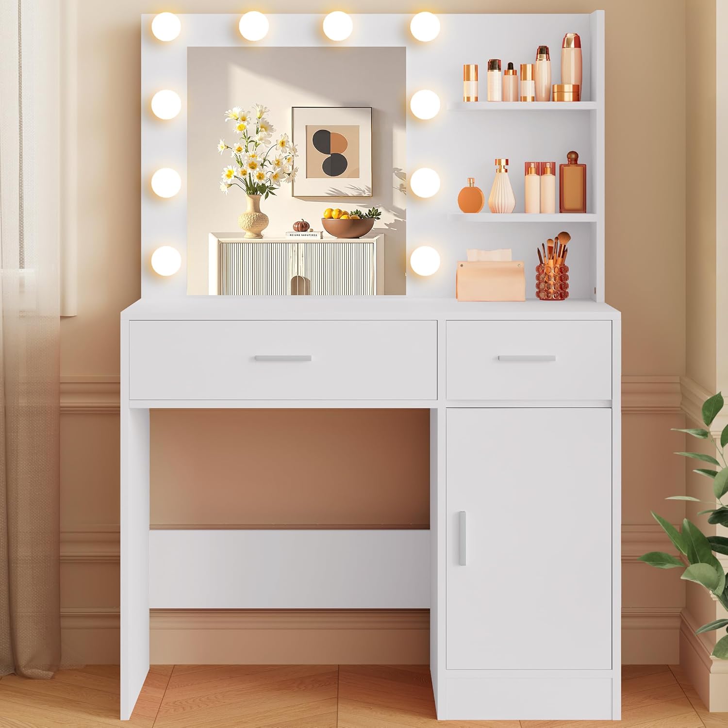 Lighted Makeup Vanity Desk, 35.4“W x 15.7'”D x 54“H, White (with Lights and Mirr...