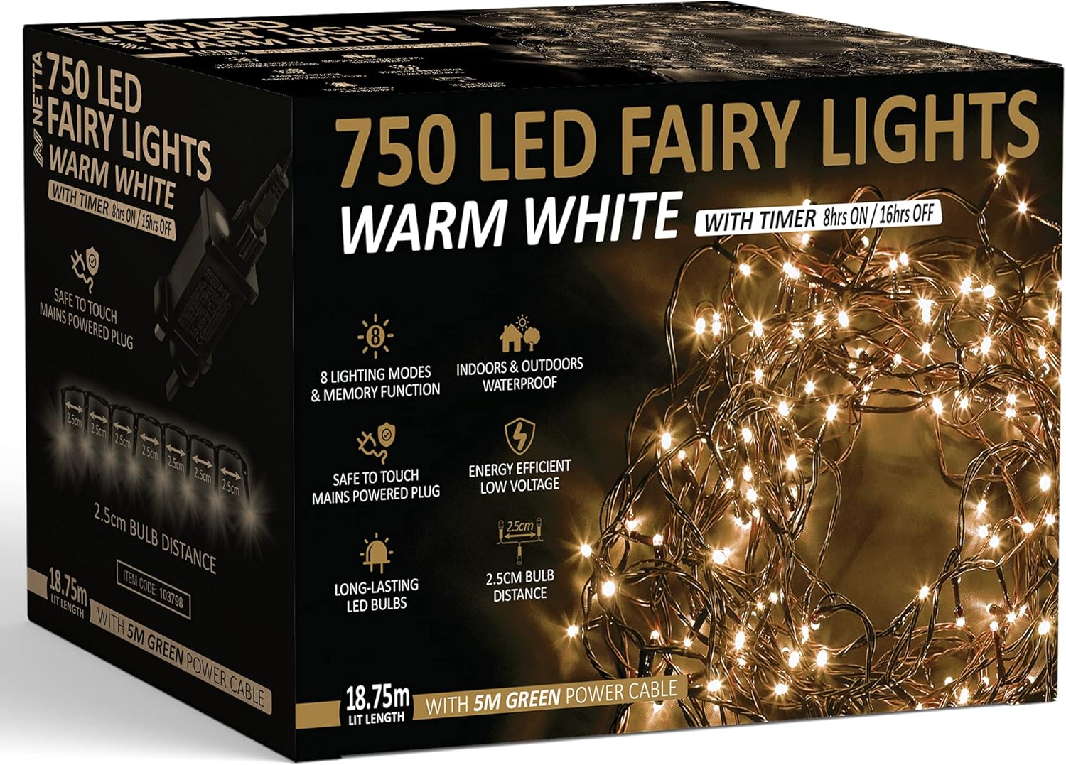 Christmas Tree Lights 750 LED 18.75m Warm White - 2.5cm Bulb Distance Fairy Stri...