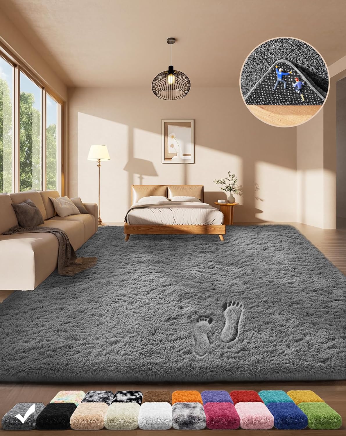 Ophanie Area Rugs for Living Room Bedroom, Upgrade Non-Slip Fluffy Soft Grey Sha...