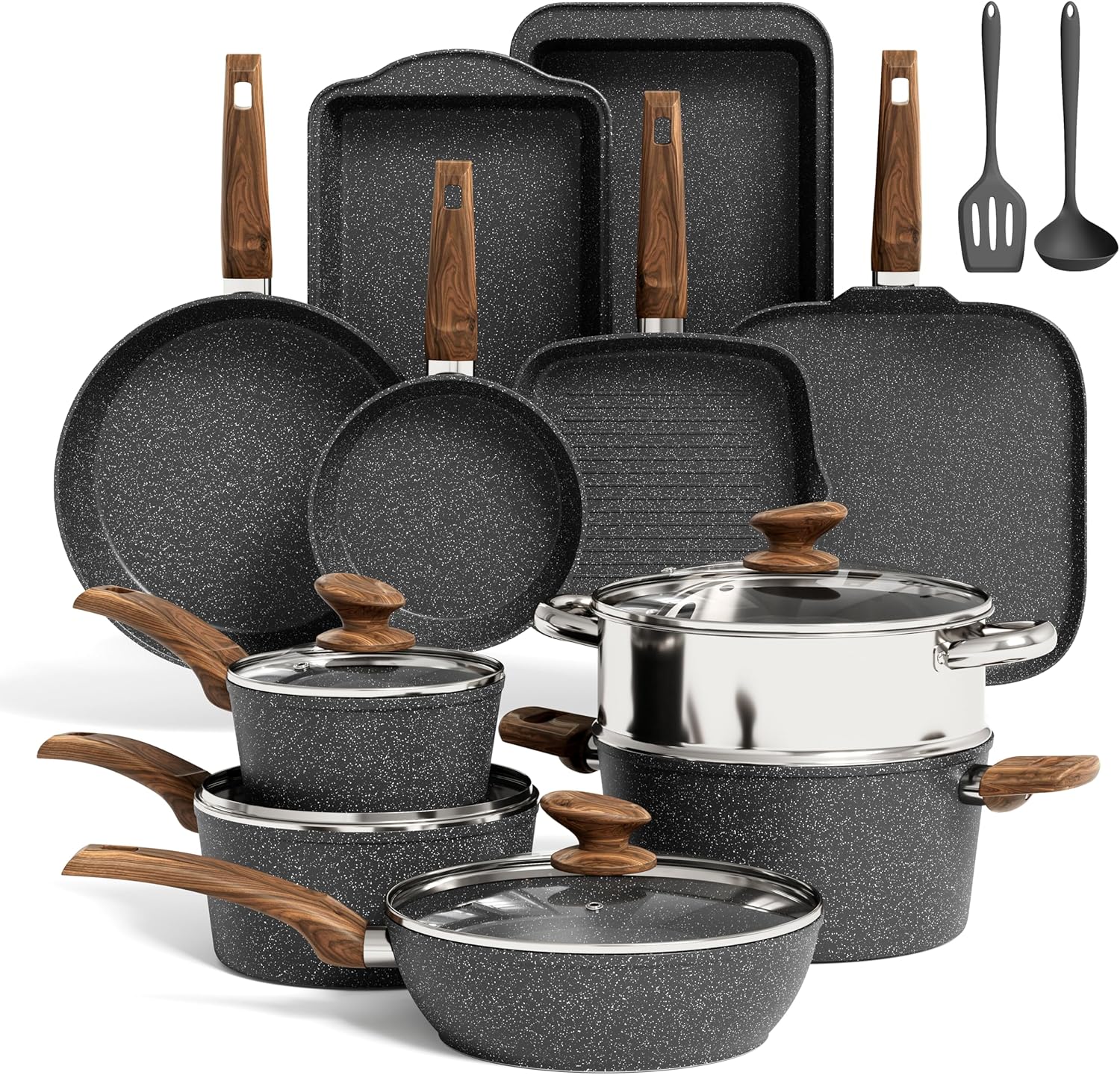 Kitchen Academy Induction Cookware Set-17 Piece Non-Stick Cooking Pan Set, Black...