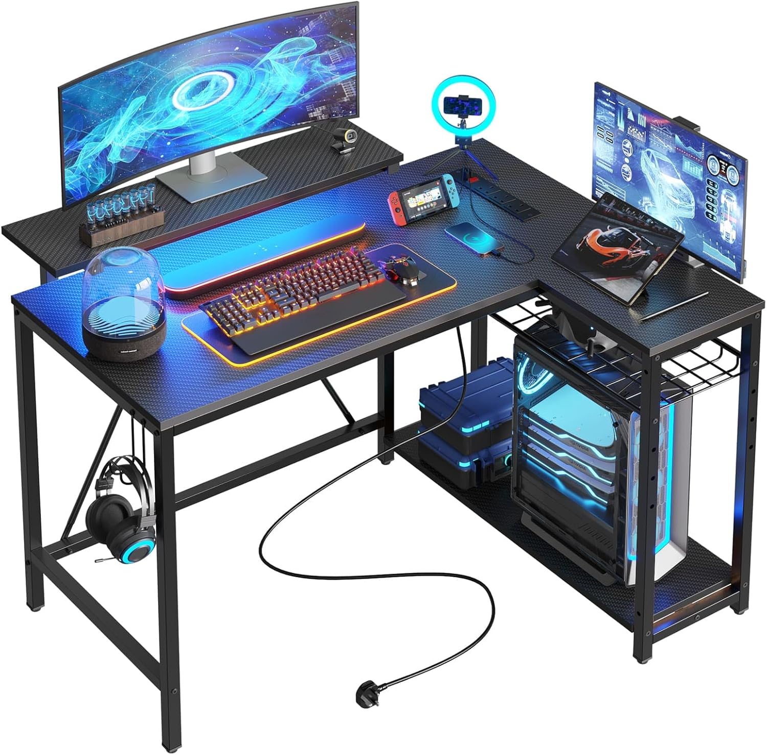 Bestier 106.5CM L-Shaped Gaming Desk with RGB LED Lights Carbon Fibre Surface, 3...
