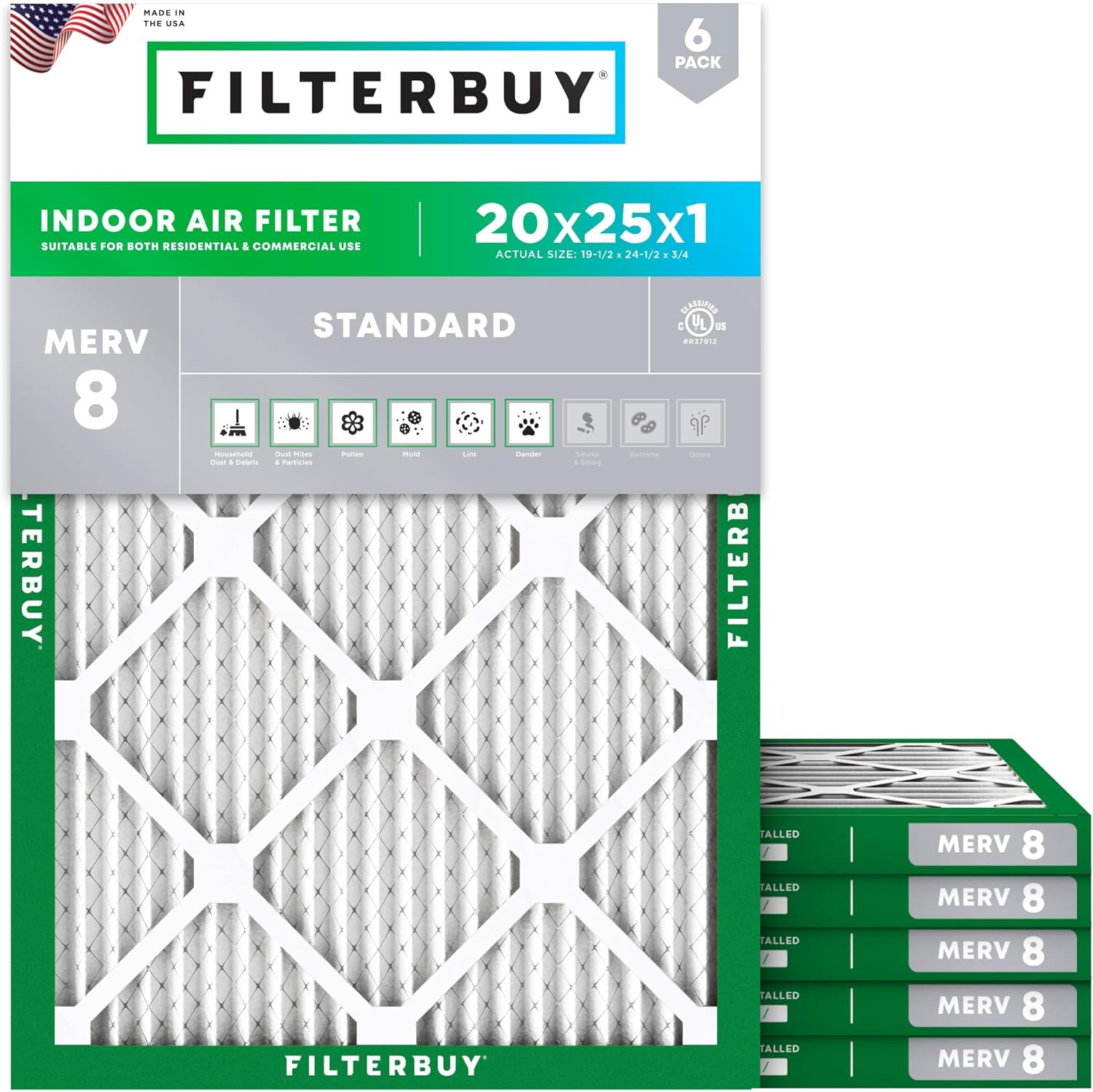 Filterbuy 20x25x1 Air Filter MERV 8 Essential Dust & Allergy Defense (6-Pack), E...