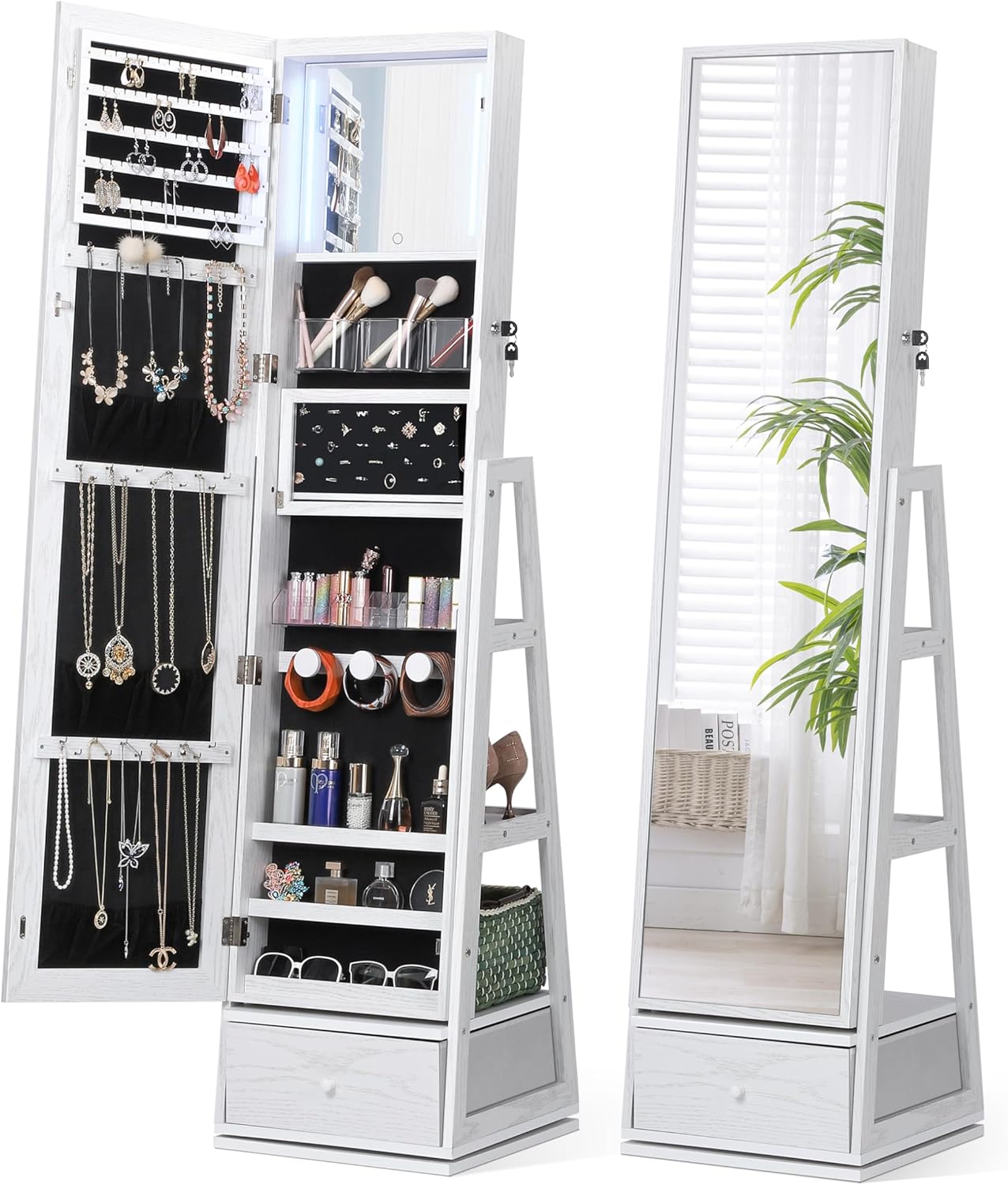 Nicetree 360° Swivel Jewelry Cabinet with Lights, Touch Screen Vanity Mirror, Ro...