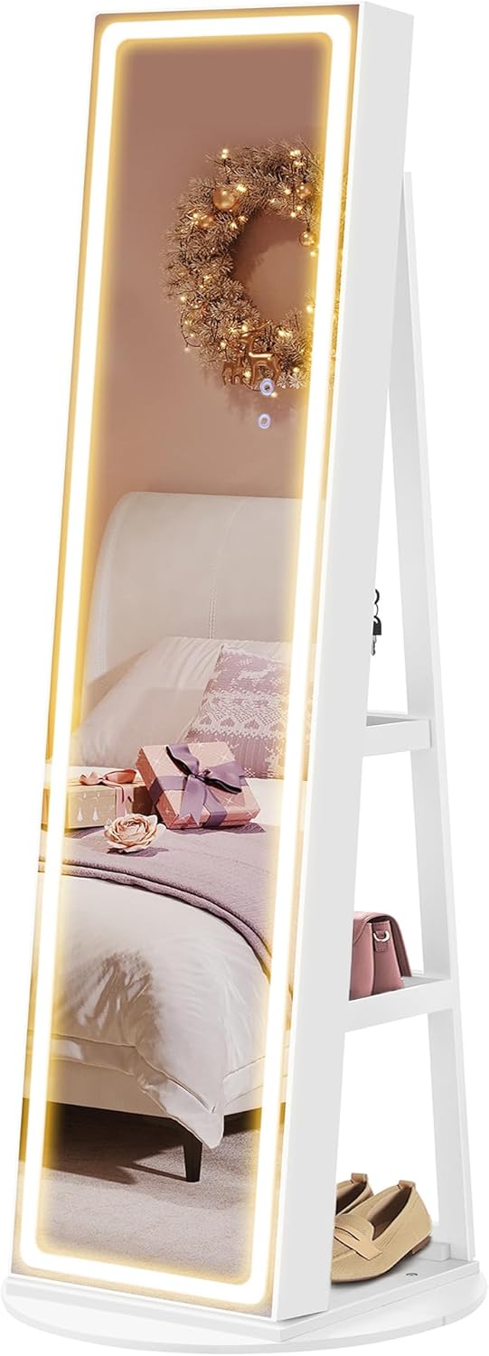 SONGMICS LED Jewelry Cabinet Standing, Lockable Armoire With Full-Length Mirror...