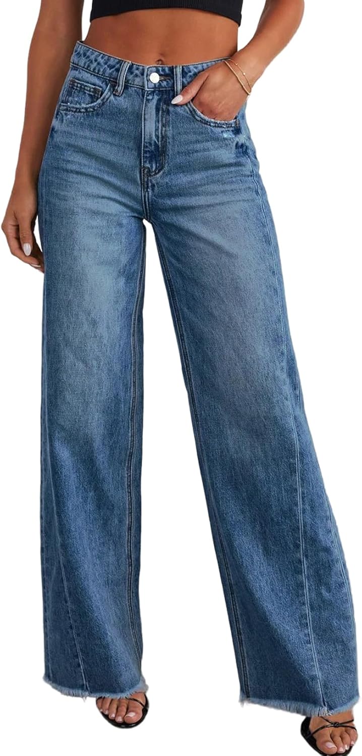 Sidefeel Women's Wide Leg Jeans High Waisted Strechy Raw Hem Zimbaplatinum Denim...