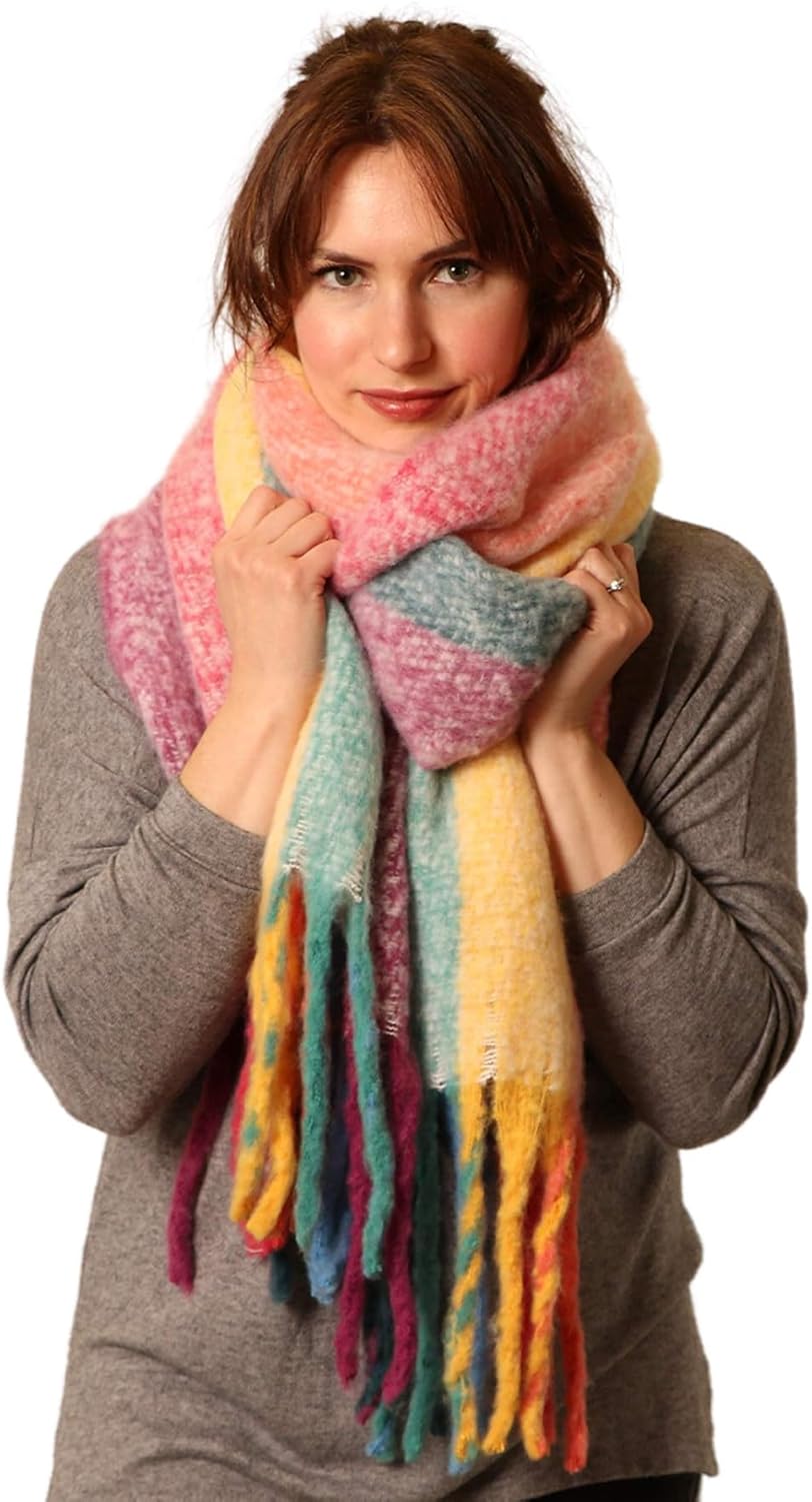 Womens Blanket Scarves Winter Warm Tartan Plaid Rainbow 1-rainbow Multicoloured