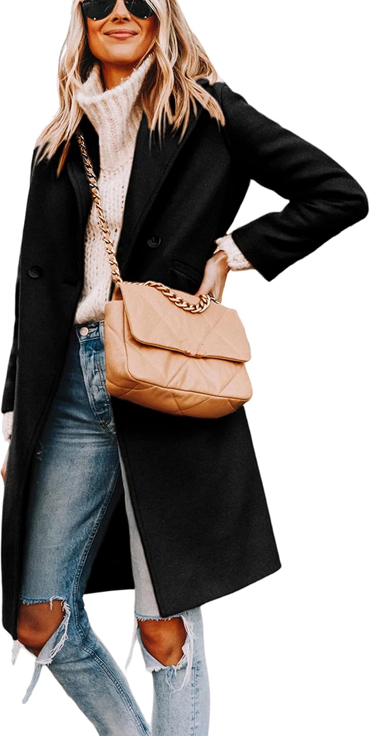 Hooever Women's Winter Wool Coat Casual Notch Lapel Single-Breasted Peacoat Medi...