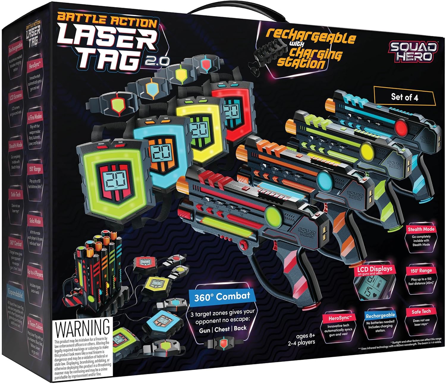 Squad Hero Rechargeable Laser Tag 360° Sensors + LCDs - Set of 4 - Easter Gift I...