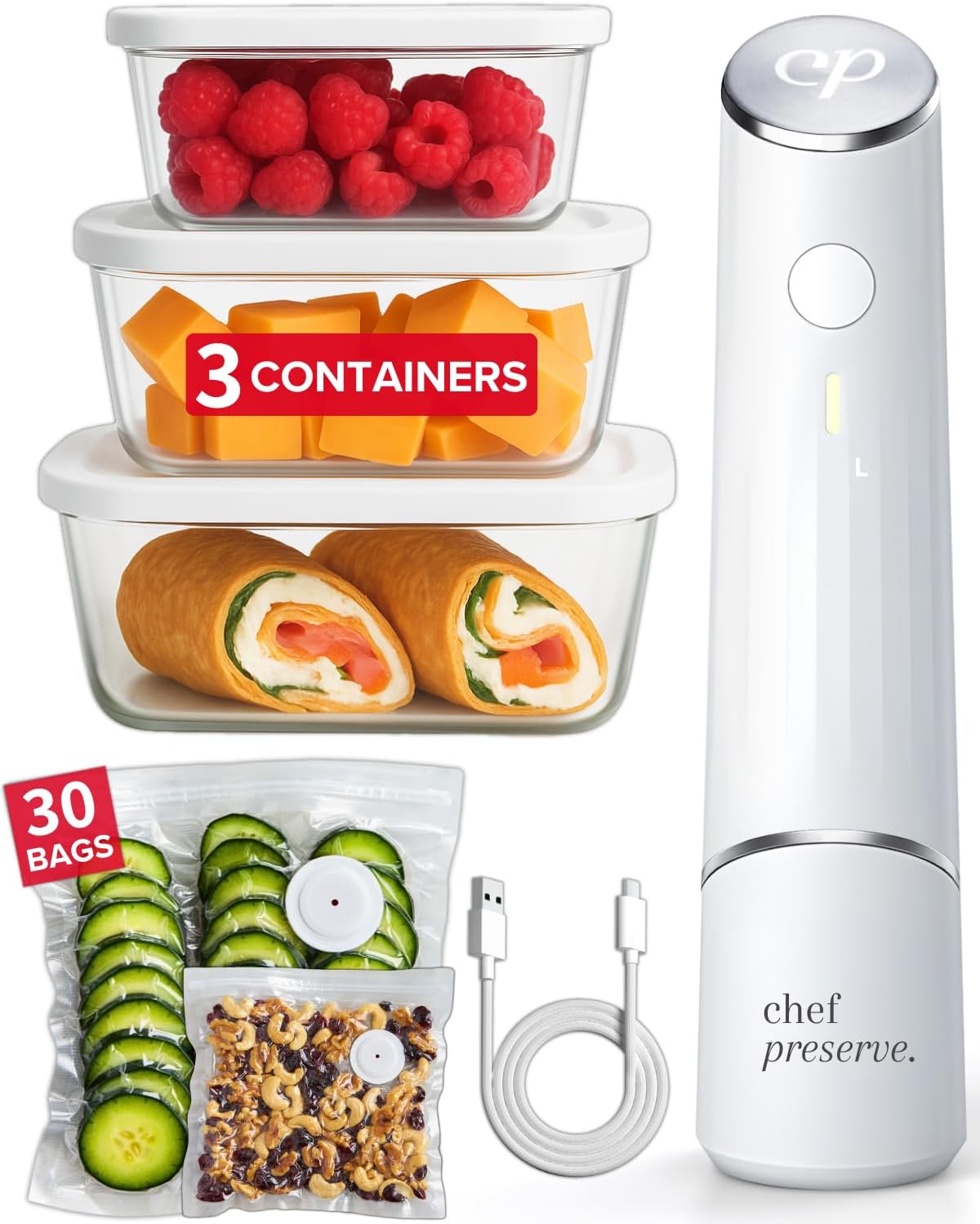 Chef Preserve Compact Vacuum Sealer for Food (Vacuum Sealer Machine + 3 Glass Va...