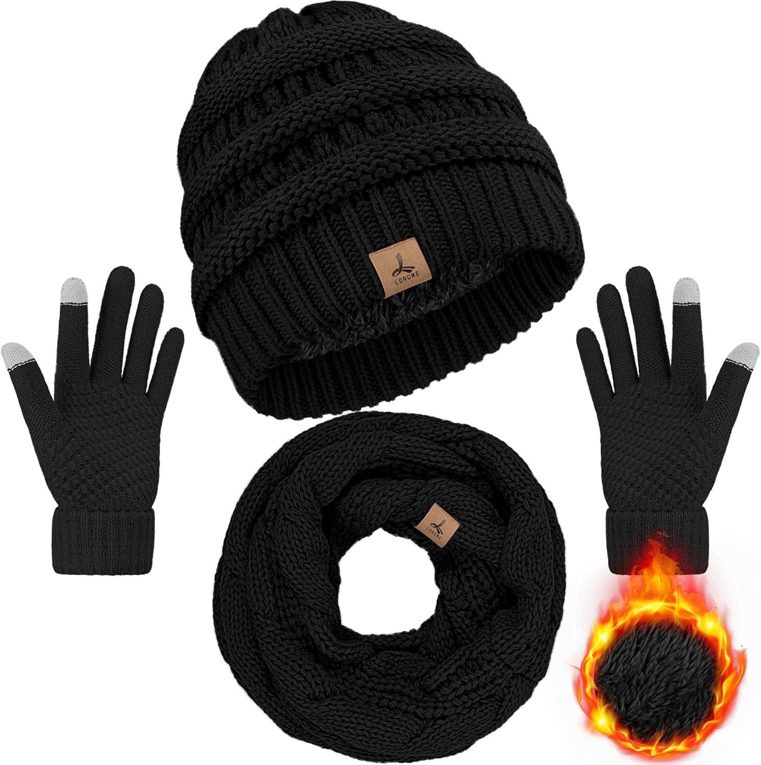 Winter Beanie Hat Scarf Gloves, Warm Fleece Knit Hats Touch Screen Gloves Neck S...