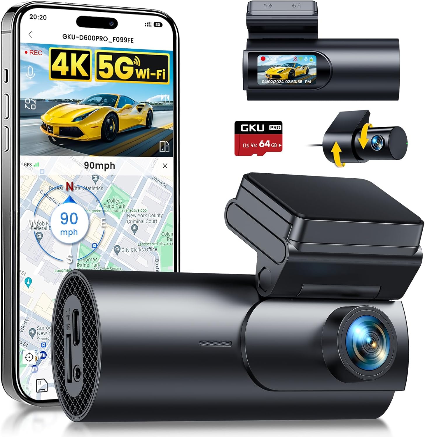 GKU 4K Dash Cam Front and Rear, 5GHz WiFi GPS, Dual Car Camera, 1.5” IPS Mini Da...