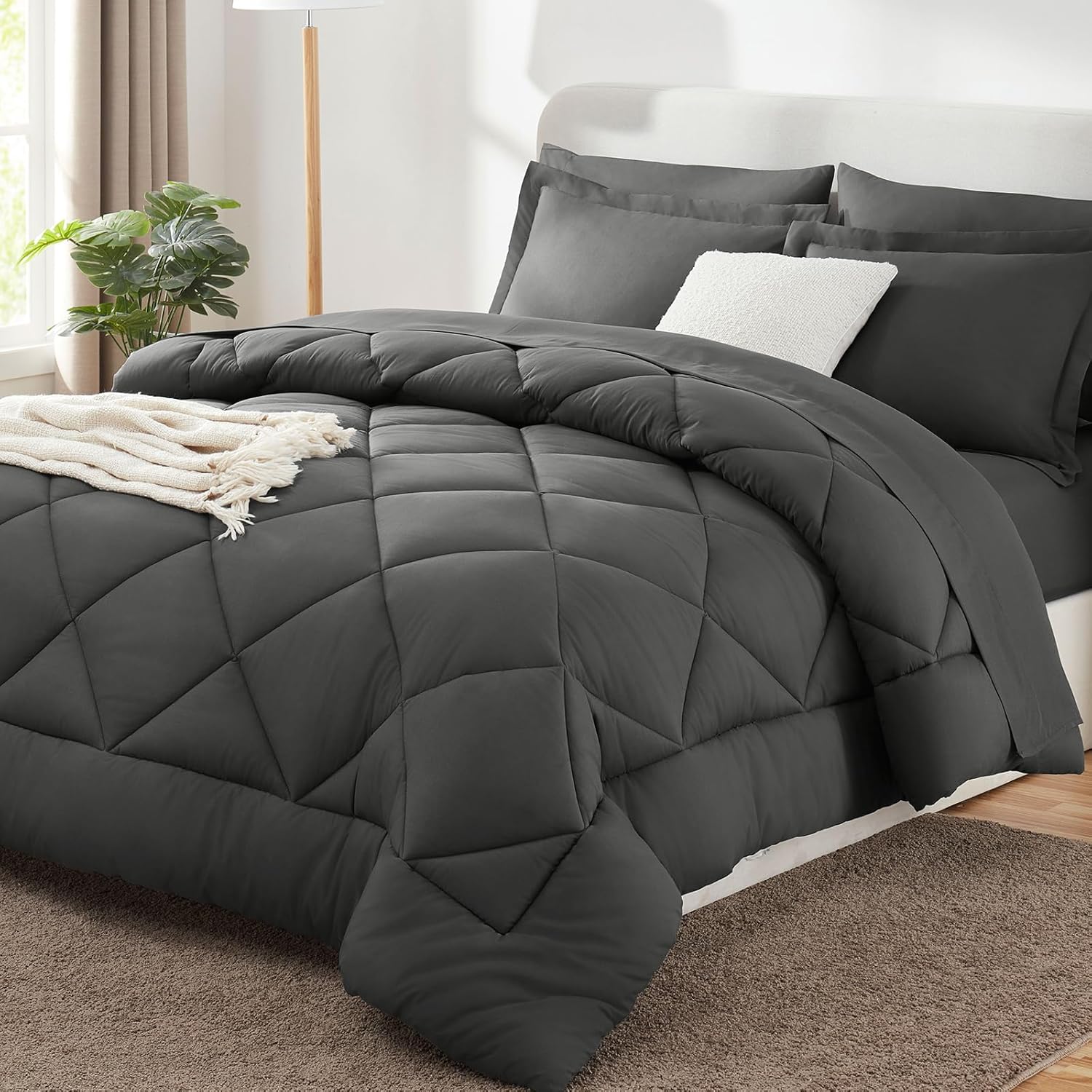 CozyLux King Size Comforter Set Dark Grey - 7 Pieces Bed in a Bag King, Luxury S...