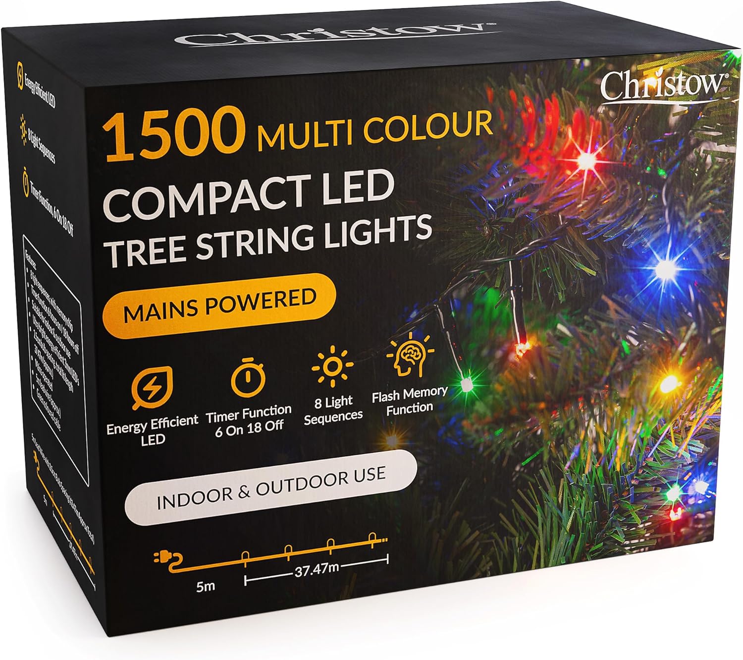 CHRISTOW 8ft Christmas Tree Lights, 1500 Multi-Coloured LED Fairy Lights with Ti...