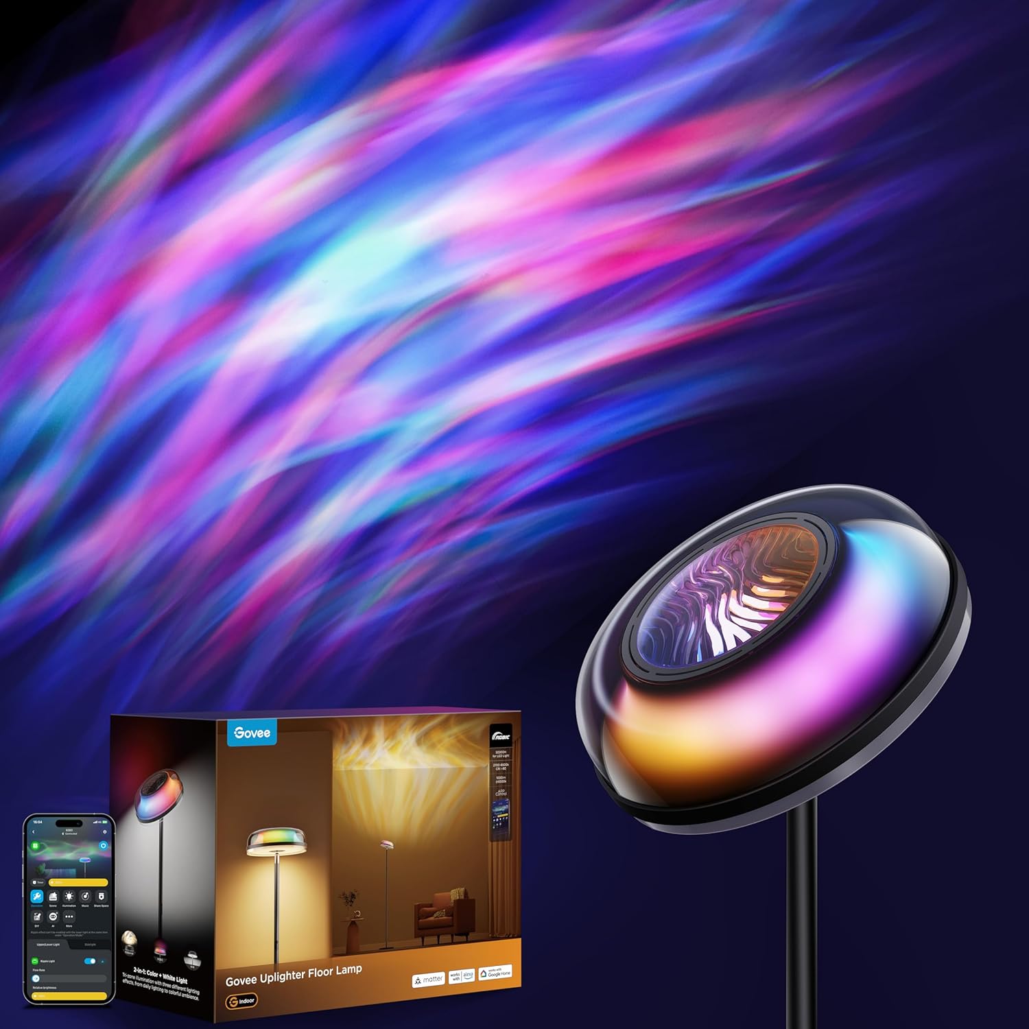 Govee Uplighter Floor Lamp for Living Room, RGBIC Ripple Projector, Floor Lamp f...