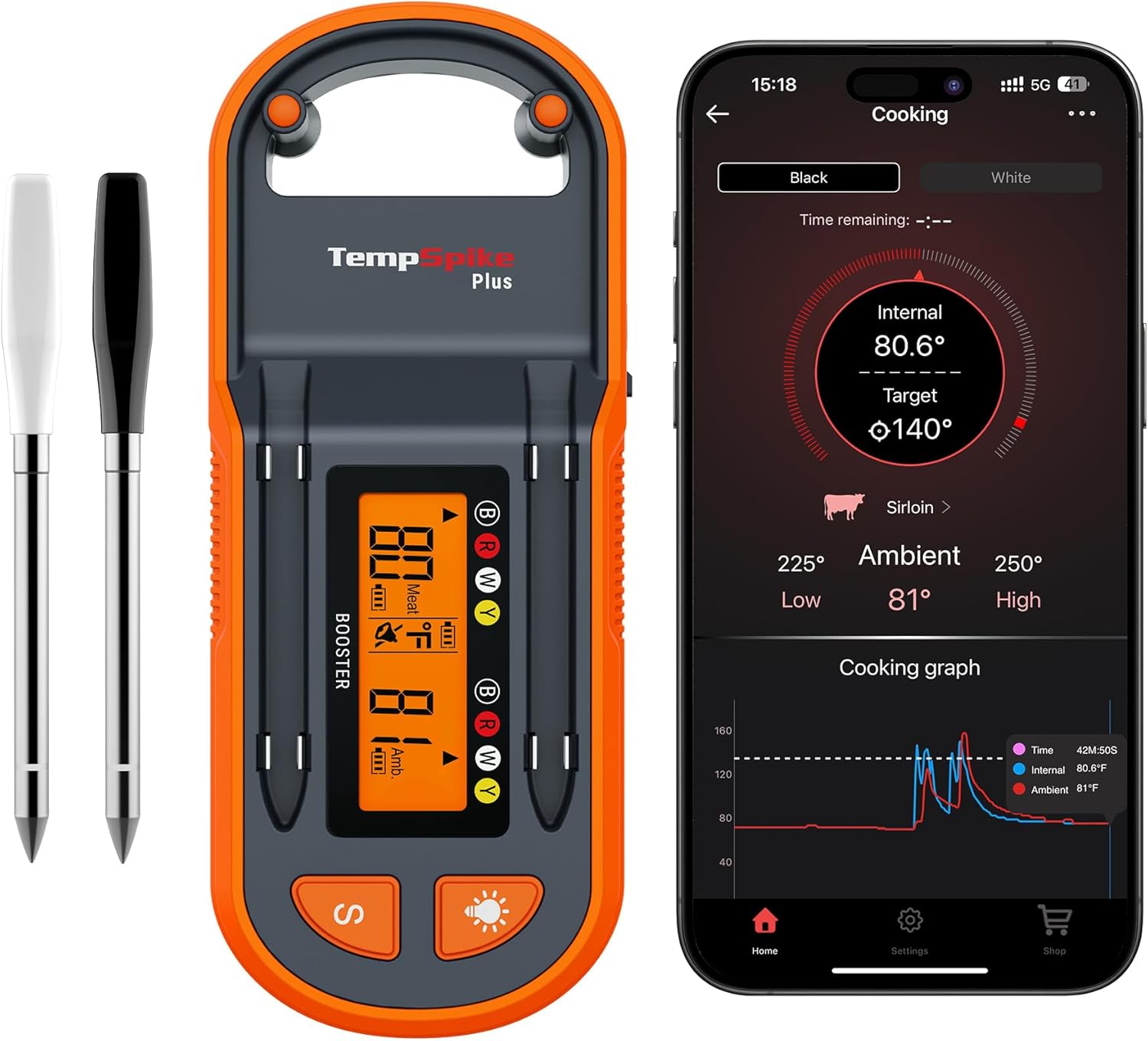 ThermoPro TempSpike Plus 600ft Wireless Meat Thermometer with 2 Color-Coded Prob...