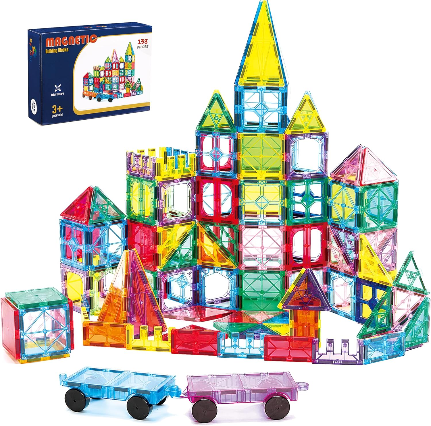 Ryoichi 138PCS Magnetic Building Tiles Set with 2 Cars, STEM Educational Constru...