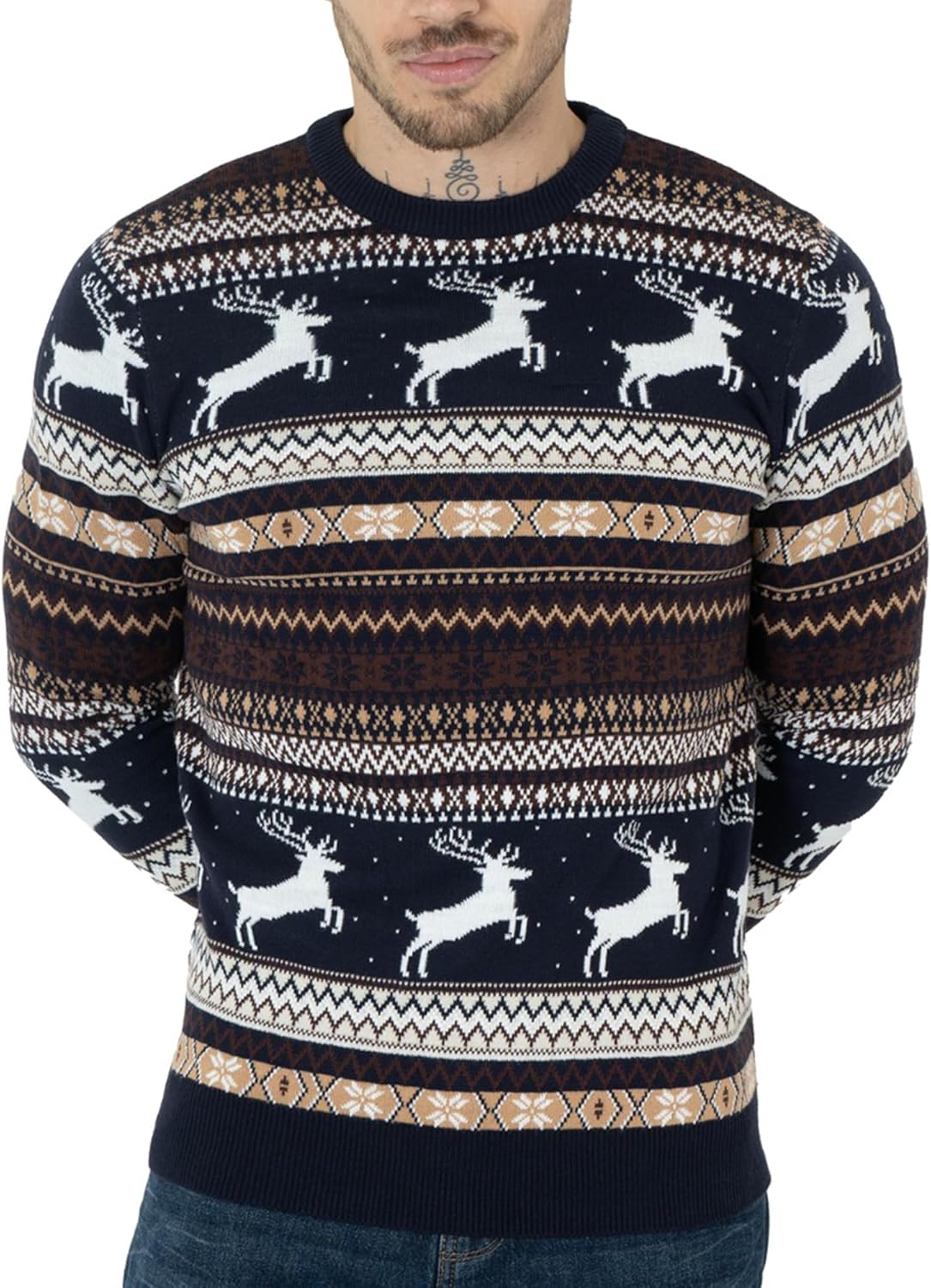 NOROZE Men's Christmas Jumpers – Festive Knit Xmas Sweater with Reindeer & Snowf...