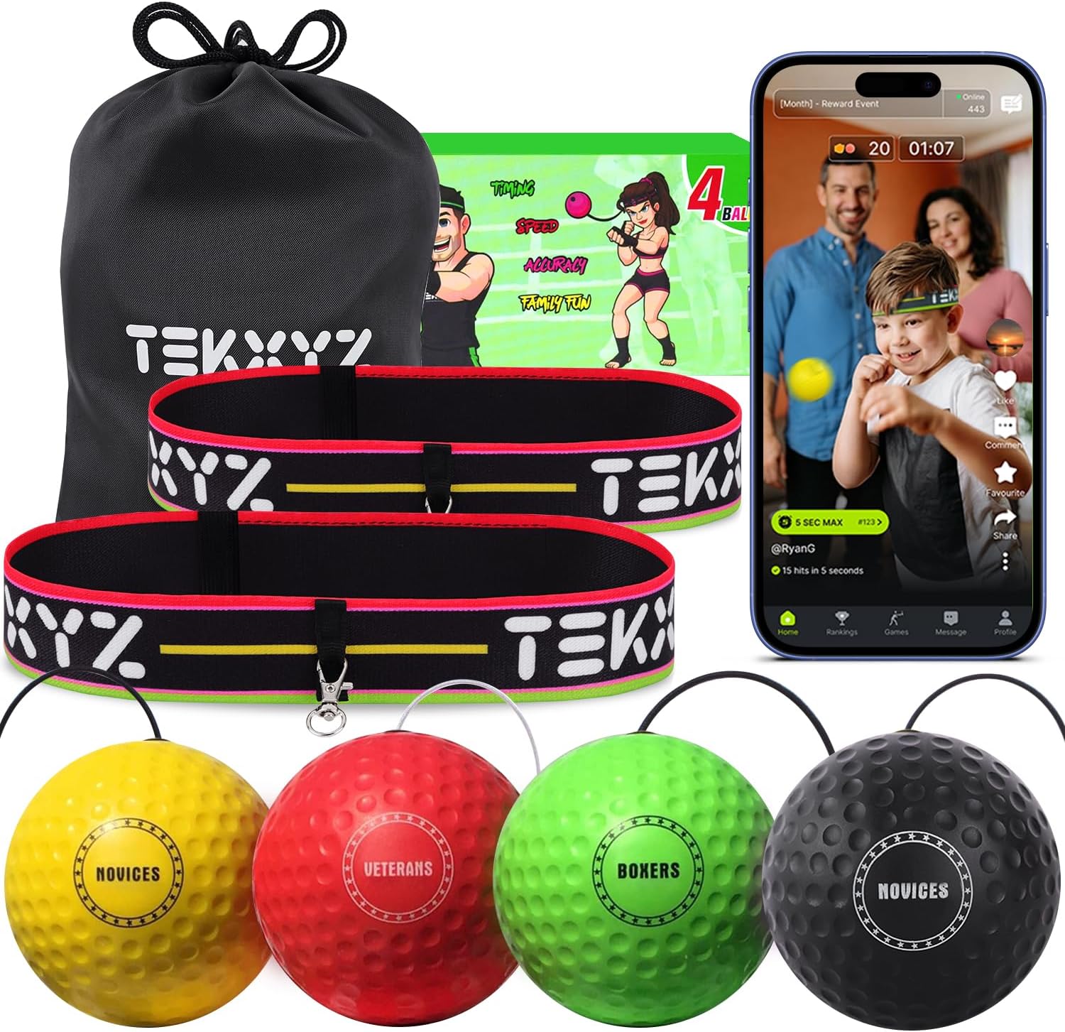 TEKXYZ® Reflex Ball Family Pack with Counter App | Online Community for Boxing B...