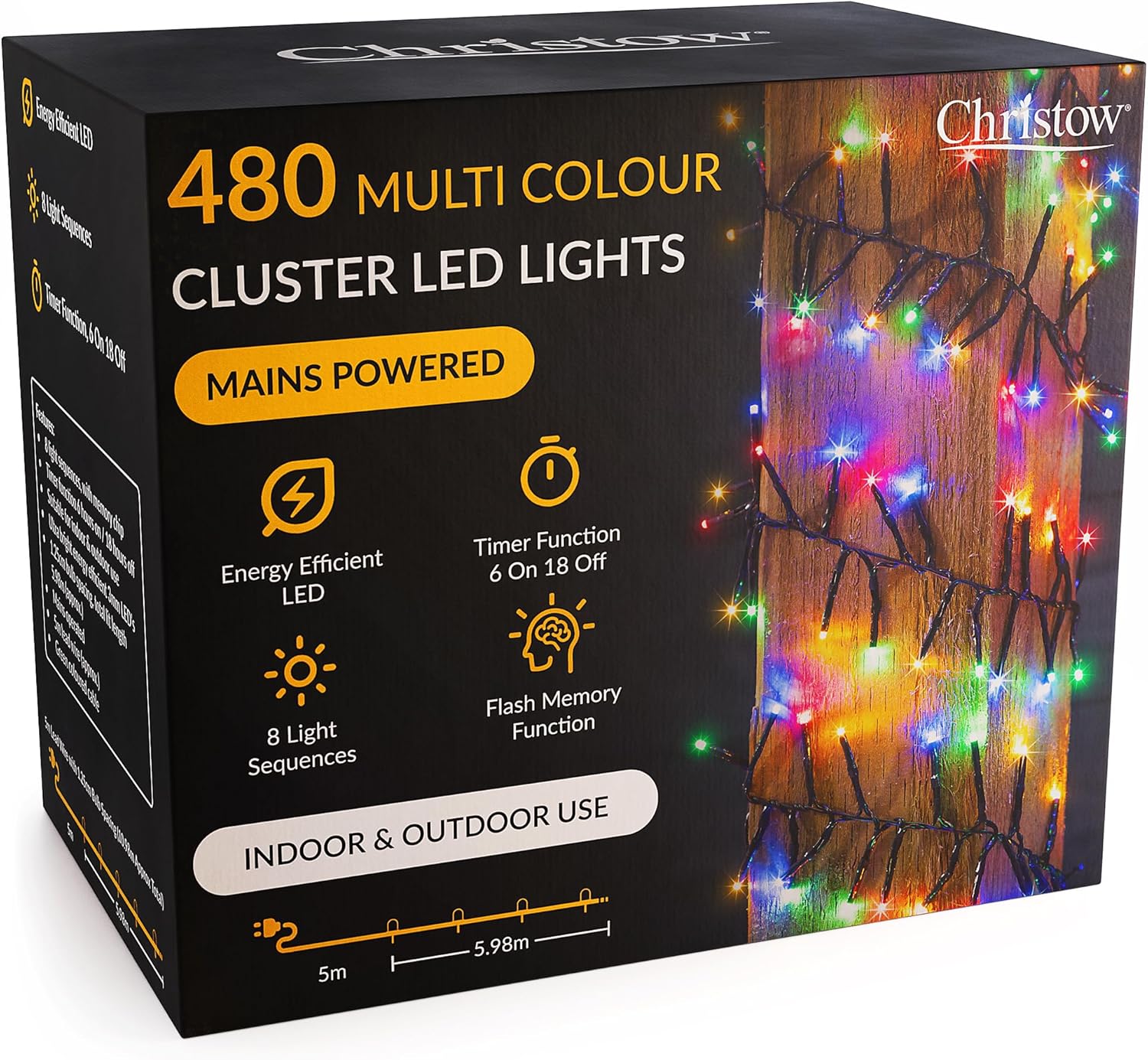 CHRISTOW 480 LED Cluster Christmas Tree Lights, Multi-Coloured Fairy Lights with...