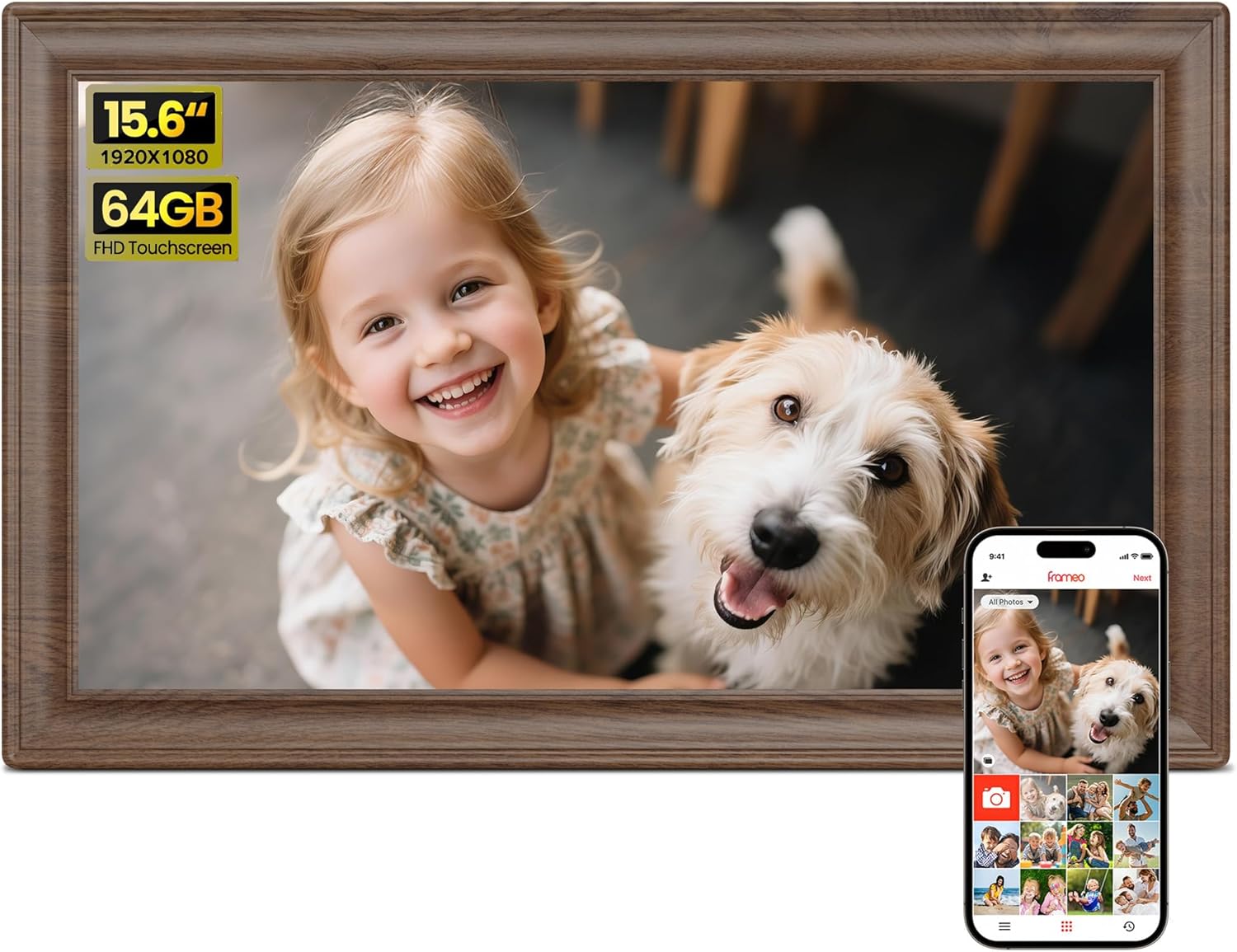 Frameo WiFi Digital Photo Frame 15.6 Inch Wooden - 1920 * 1080P FHD IPS Touch Sc...
