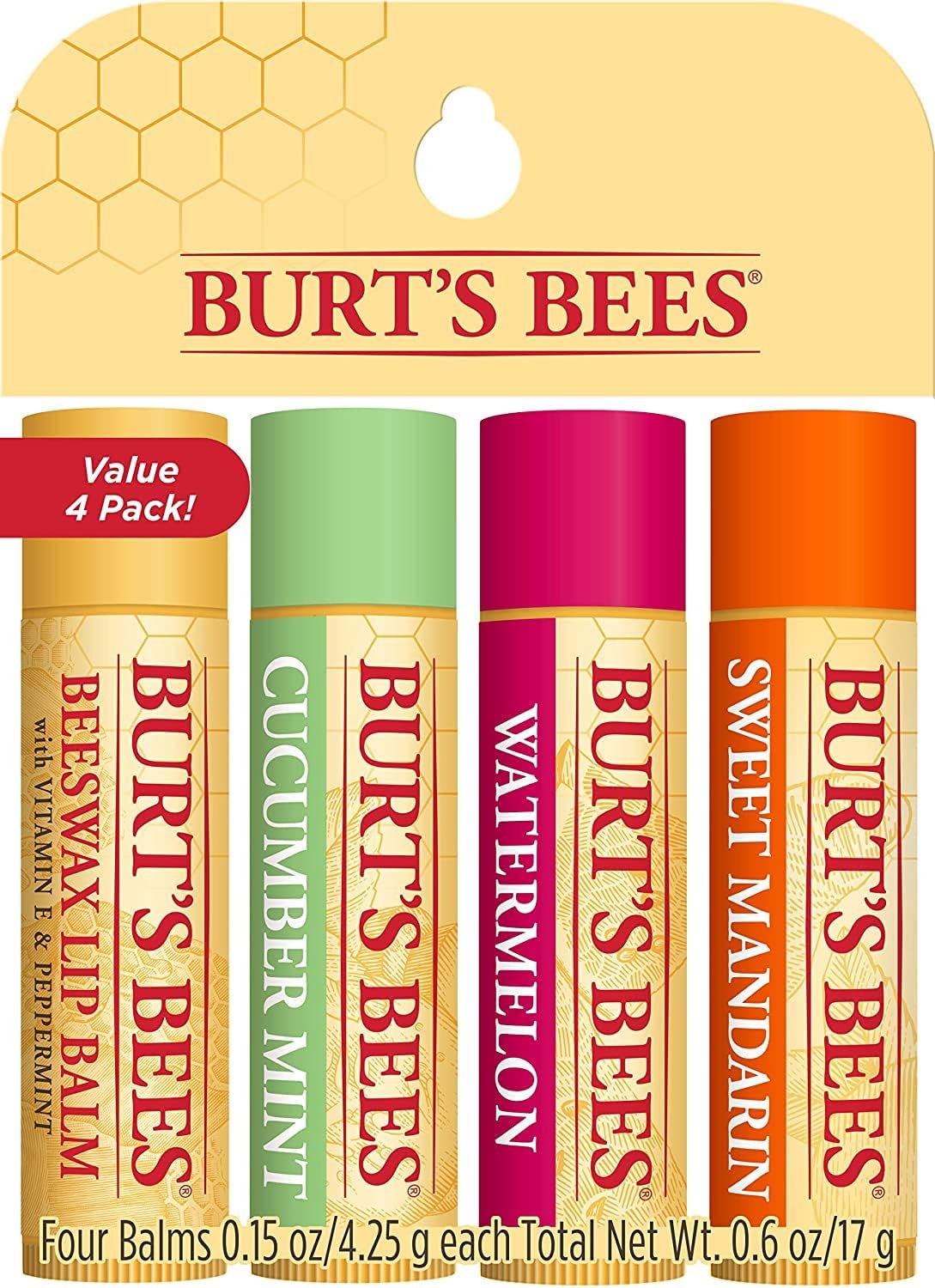 Burt's Bees Lip Balm Multipack, Lip Balm Set With Beeswax, Cucumber Mint, Waterm...