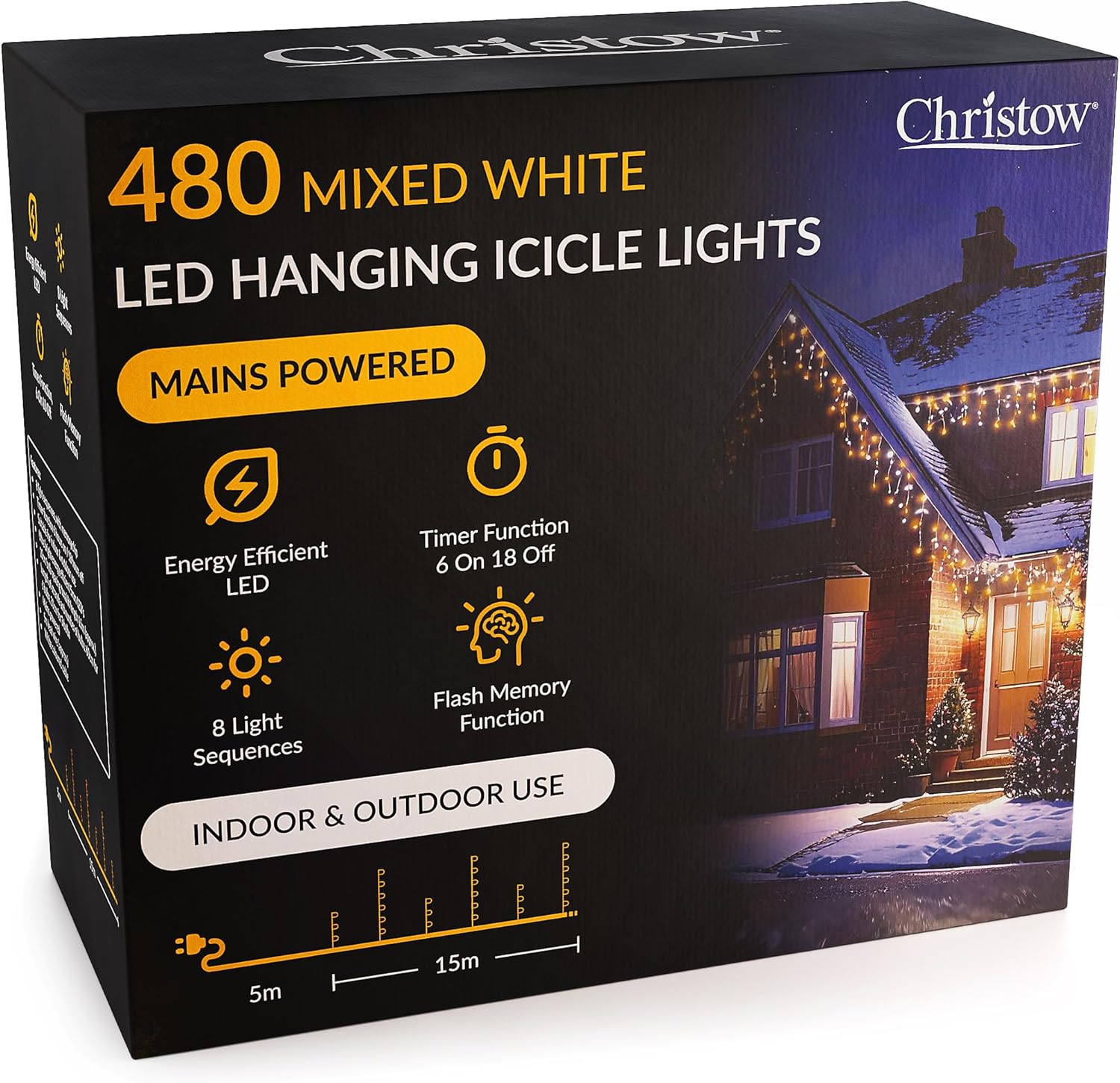 CHRISTOW Hanging Icicle Christmas Lights, 480 White & Warm White LED, 15m Lit Le...