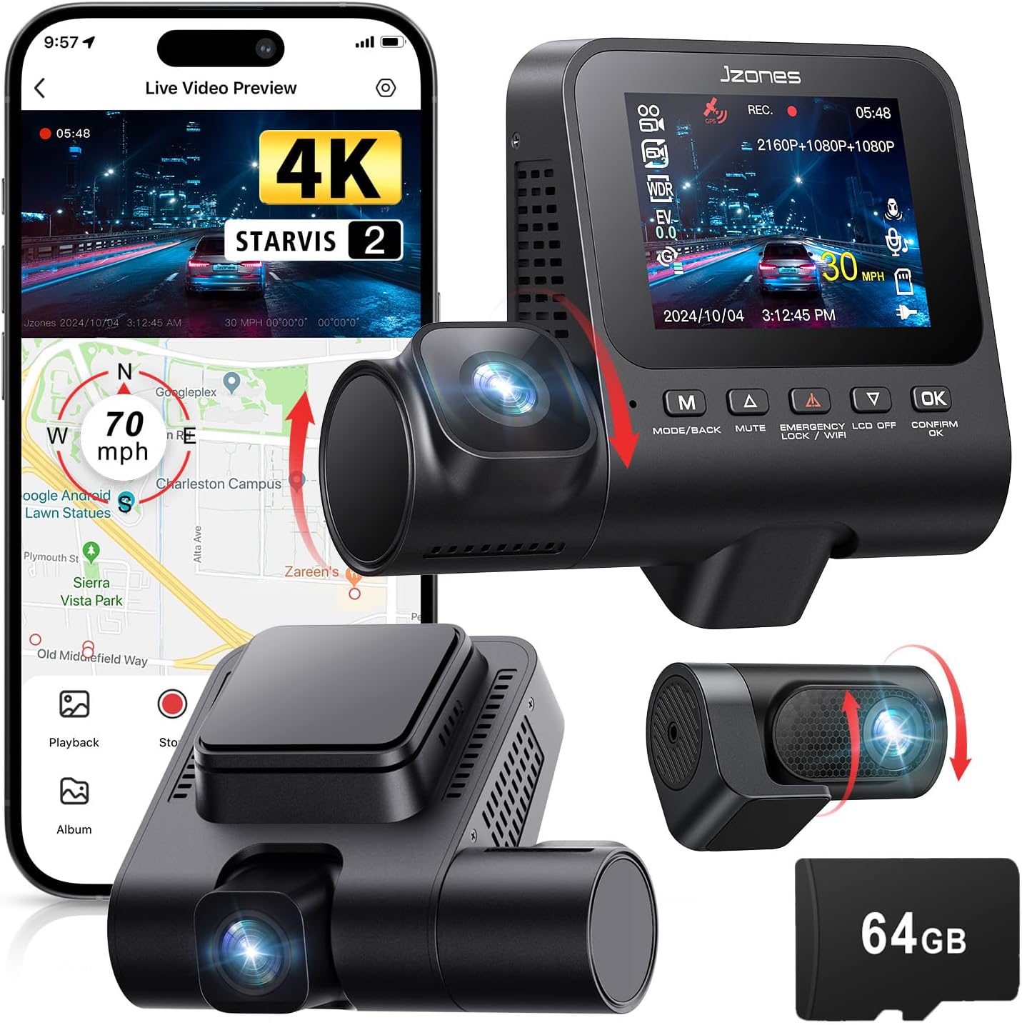 Dash Cam Front and Rear, 4K+1080P+1080P 3 Channel Dash Camera for Cars, STARVIS...