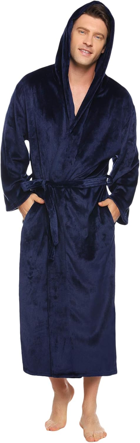 Vlazom Men Dressing Gown, Flannel Soft Bathrobe Cosy Warm Men's Robes Fluffy Hoo...
