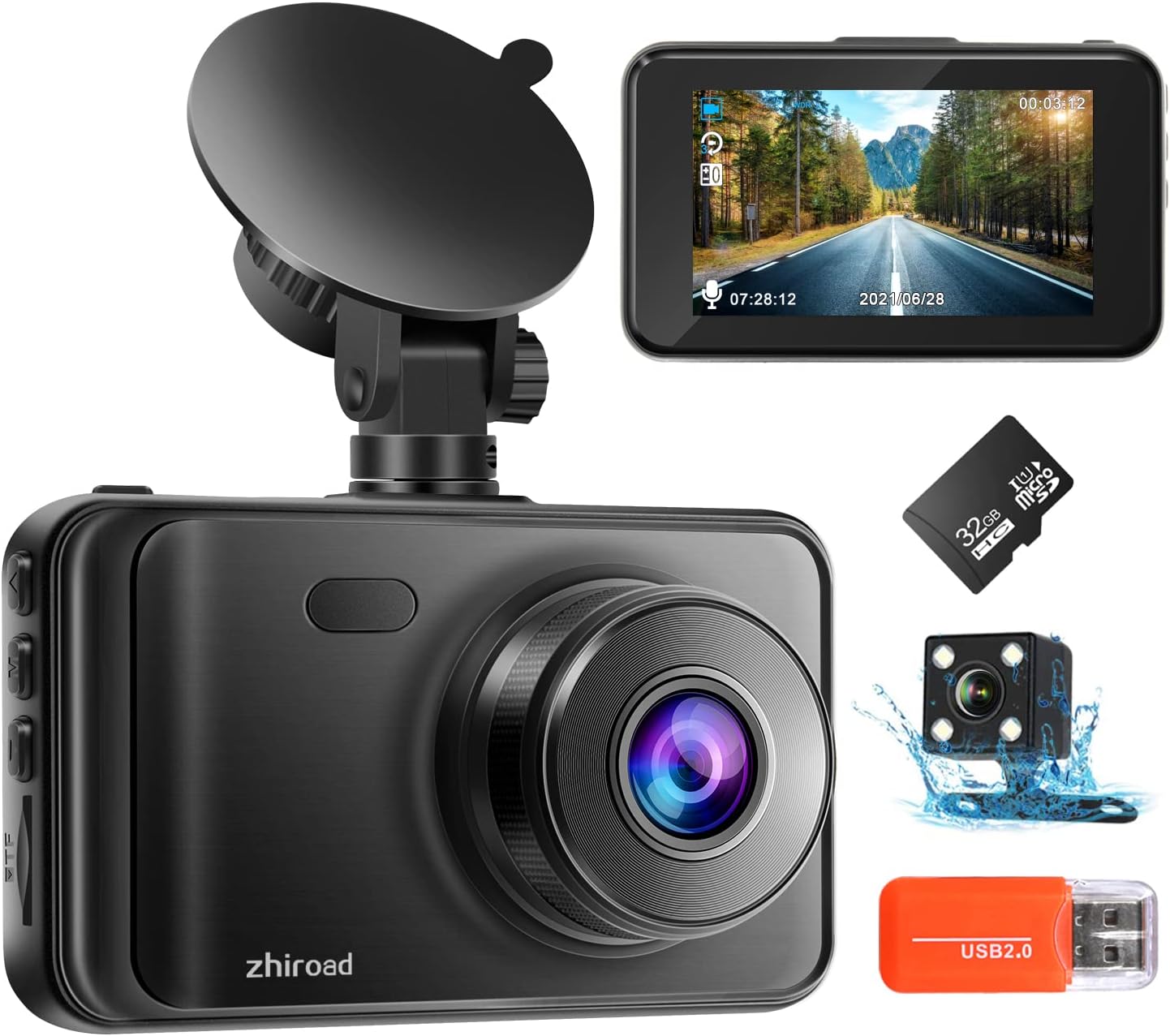 Dash Cam Front and Rear with 32GB SD Card 1080P FHD Dashcam for Car Dual Dashboa...