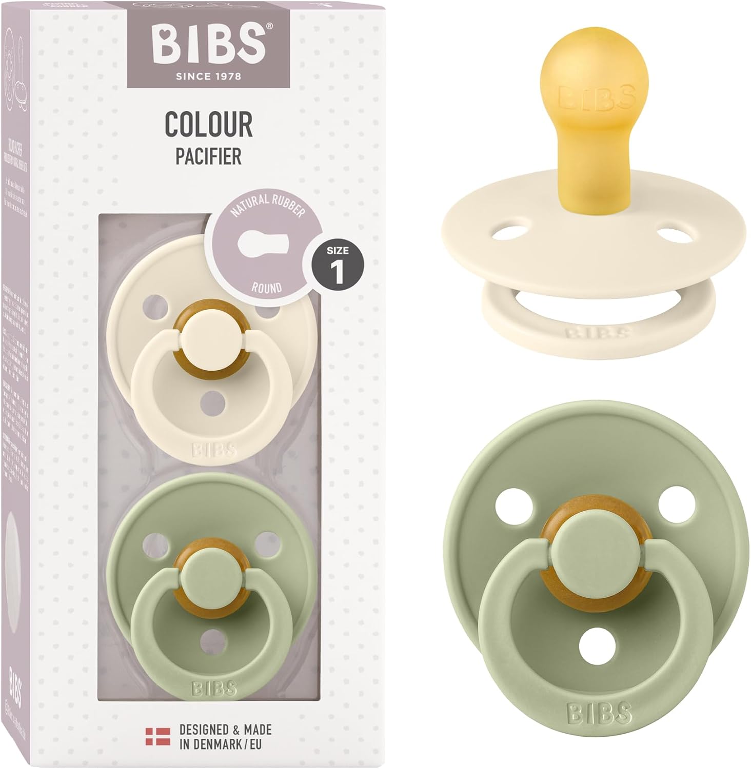 BIBS Colour Soother 2-Pack, BPA Free Dummy Pacifier, Round Nipple. Natural Rubbe...