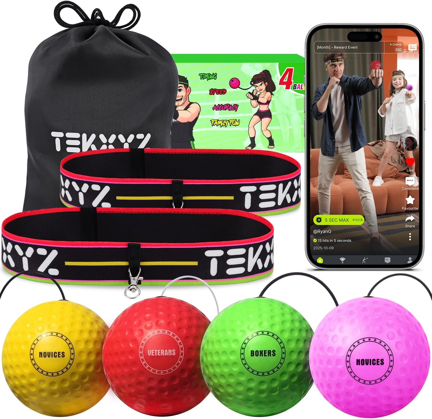 Ultimate TEKXYZ® Reflex Ball Family Pack, Special Fitness Tool with Counter App,...