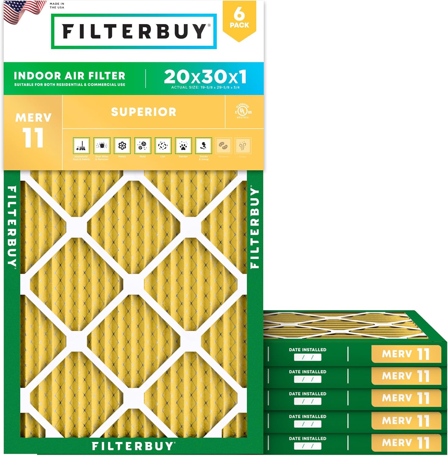 Filterbuy 20x30x1 Air Filter MERV 11 Superior Pet & Allergy Defense (6-Pack), El...