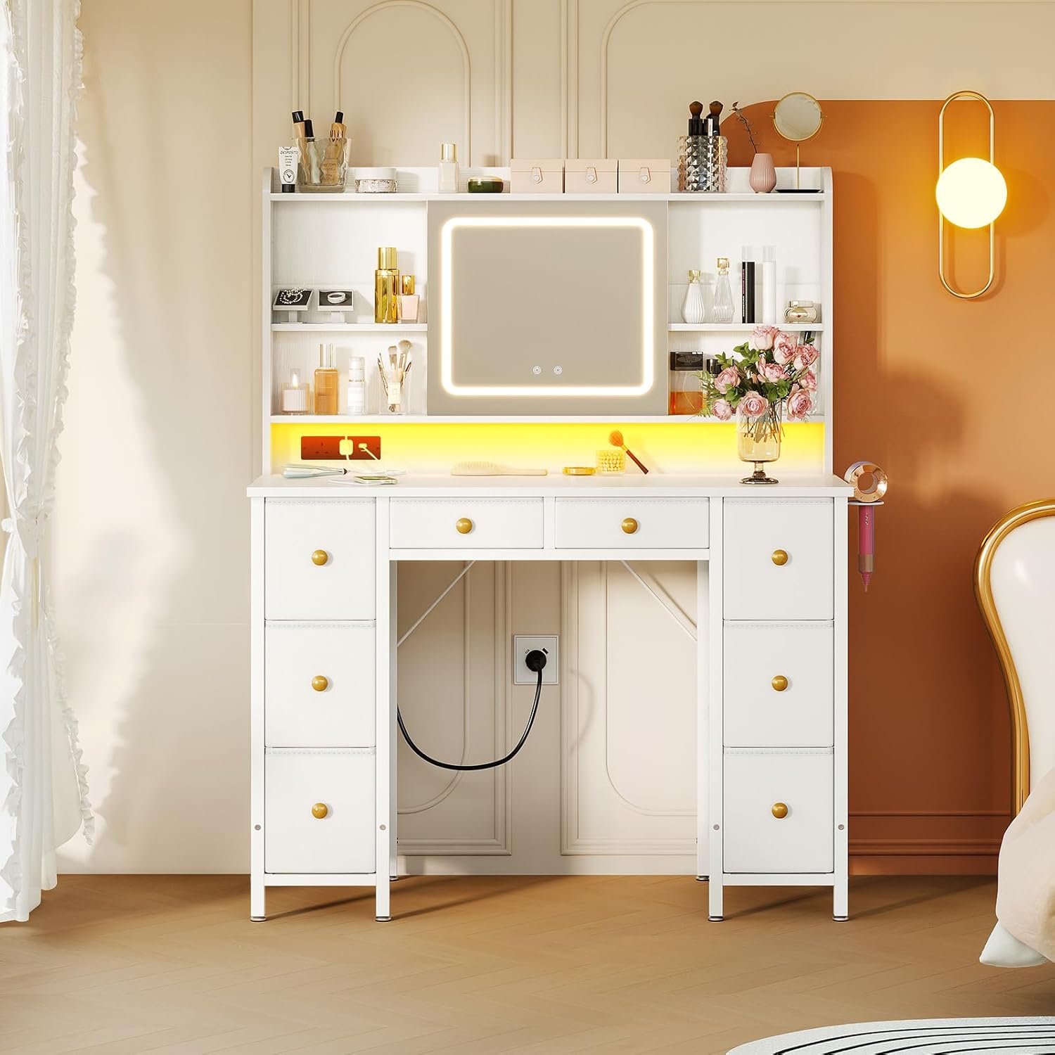 ODK Vanity Desk with Movable LED Mirror and 8 Drawers, Dressing Table with Built...