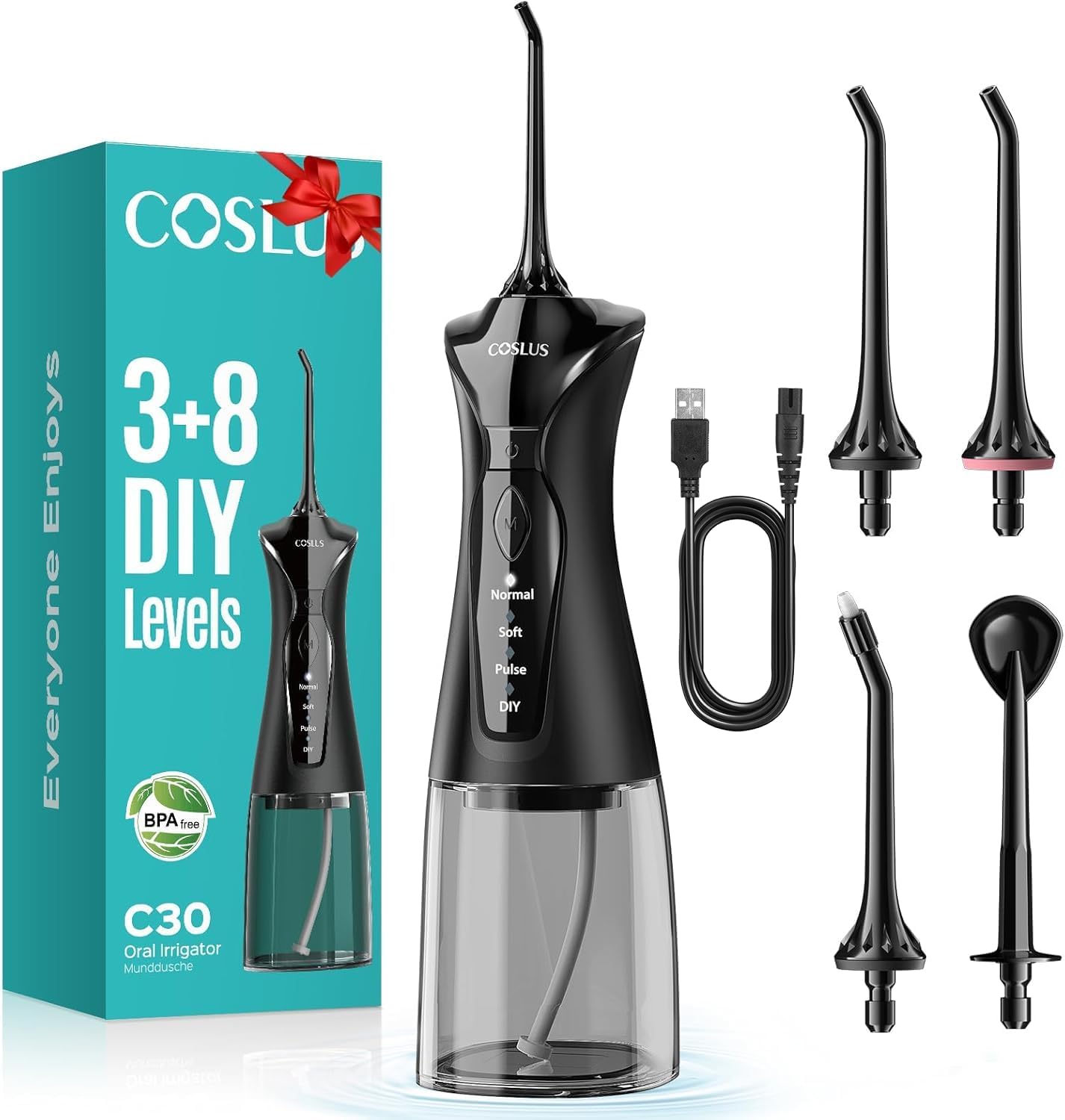 COSLUS Water Teeth Flosser Picks: 4 Modes Cordless Irrigator 300ML Portable Elec...