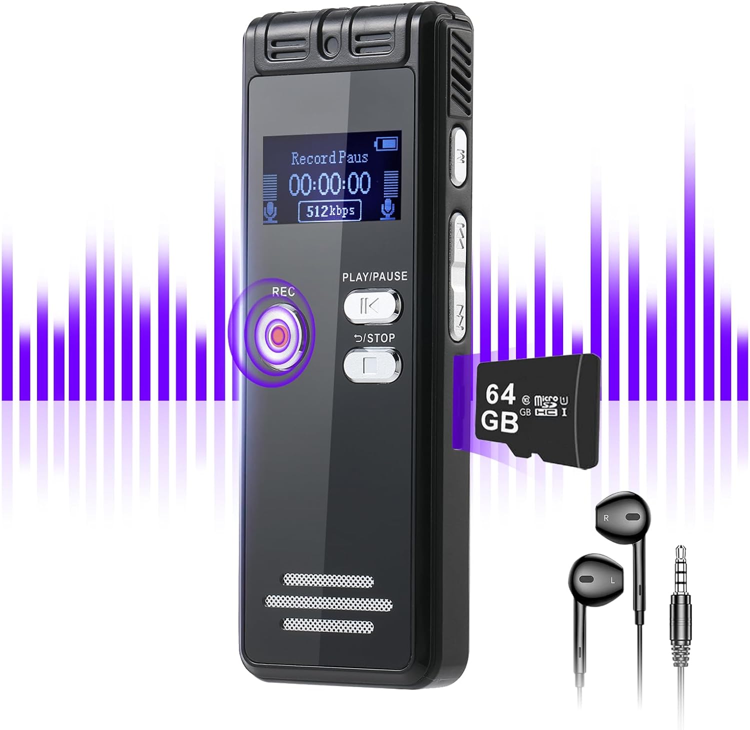 64GB Digital Voice Activated Recorder - 3072Kpbs HD Dual MIC Dictaphone with Noi...