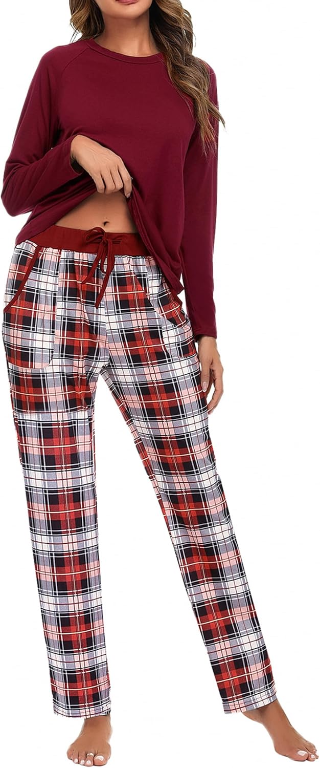 Uniexcosm Women's Pyjama Sets Cotton Checked Loungewear Set Long Sleeve Cotton T...