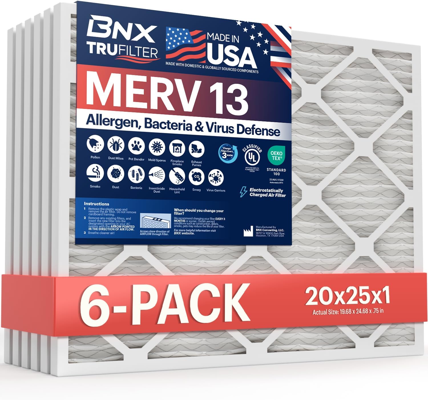 BNX TruFilter 20x25x1 Air Filter MERV 13 (6-Pack) - MADE IN USA - Electrostatic...