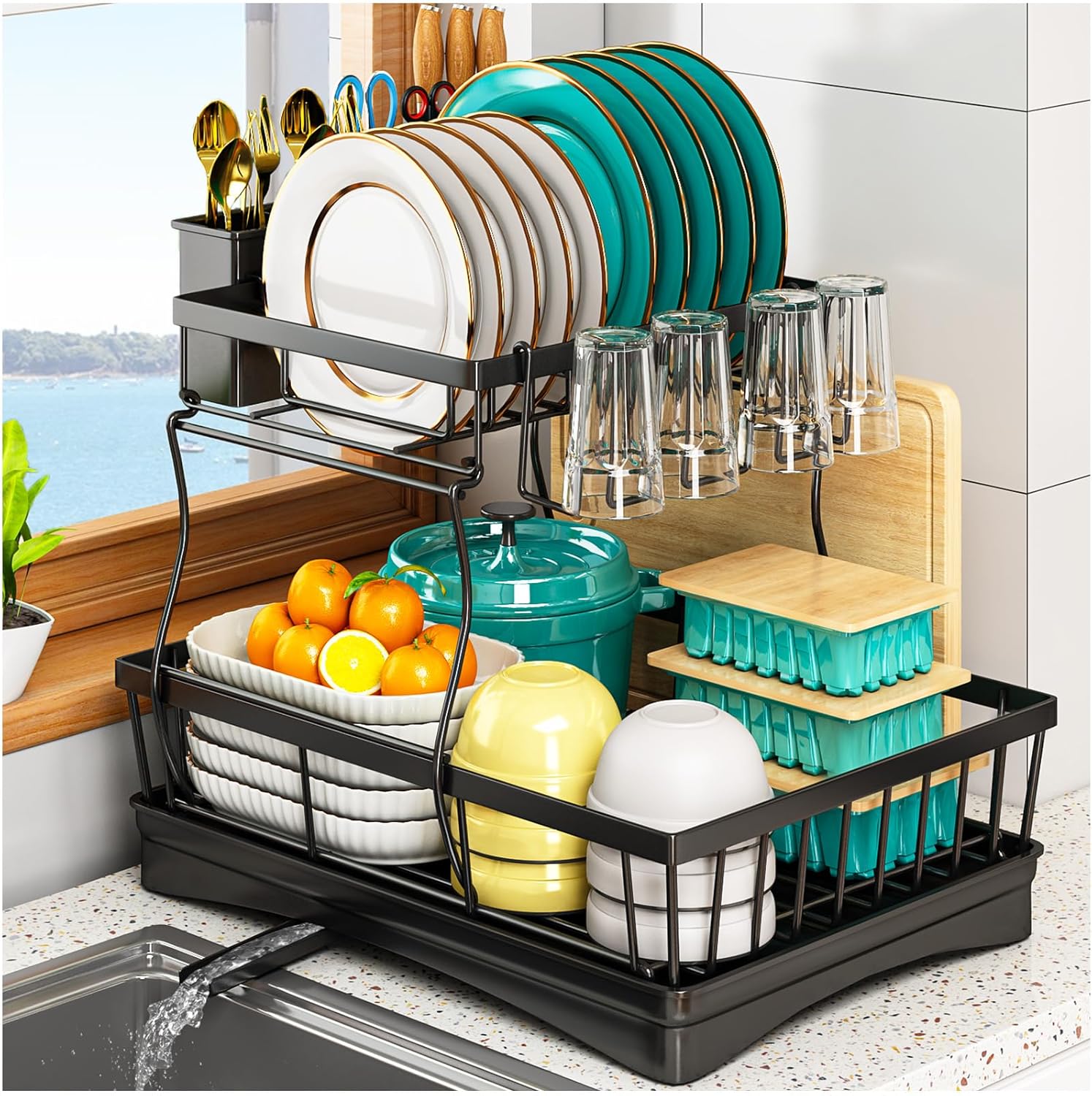2 Tier Dish Drainer Rack for Kitchen Counter - Space-Saving Dish Rack with Utens...