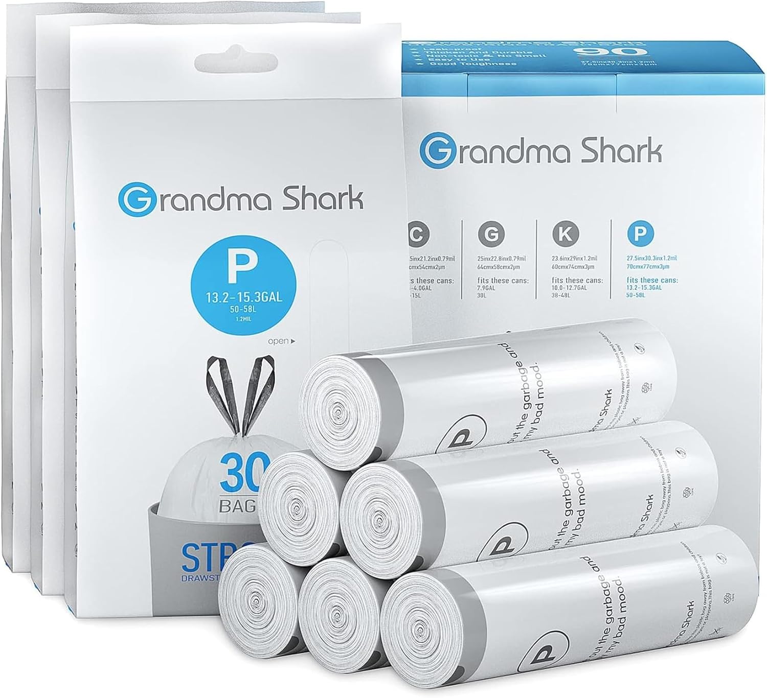GRANDMA SHARK 50-58L UP TO 65L Bin Bags Liners Drawstring Trash Bag, Handle Wast...