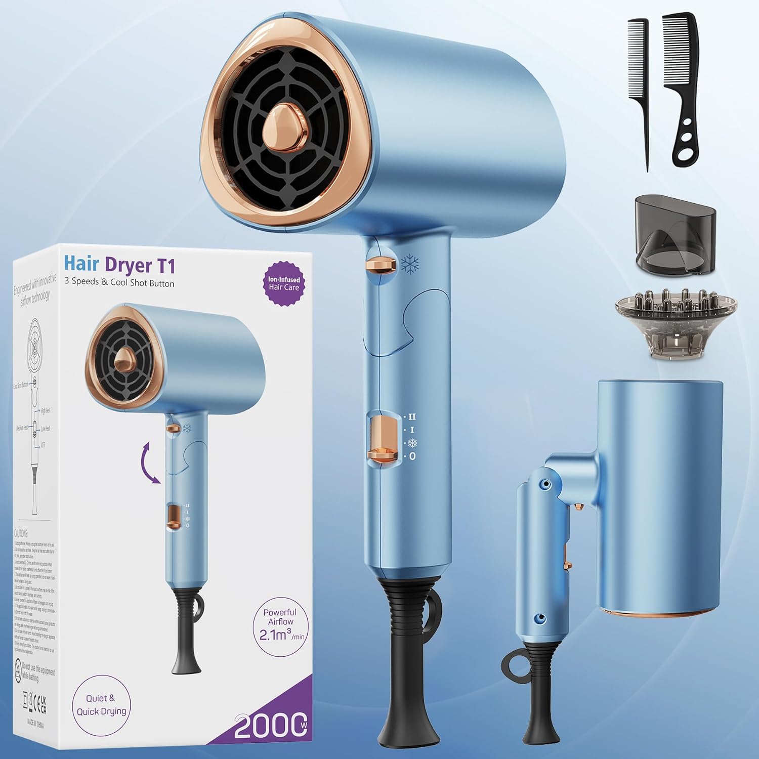 Foldable Ionic Hair Dryer 2000W Professional Blow Dryer with 2 Speed 3 Heat, Coo...