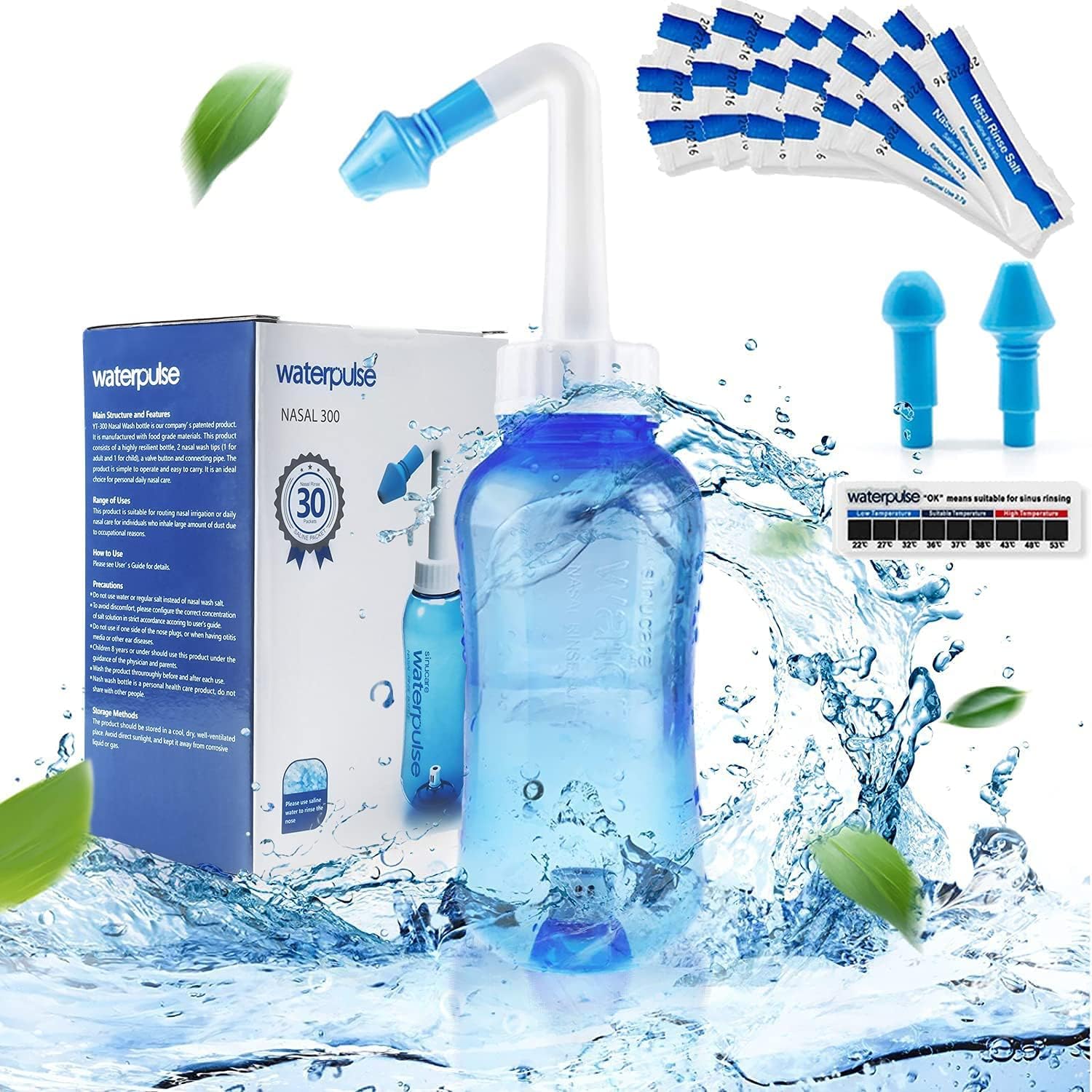 Waterpulse Neti Pot, Sinus Rinse Bottle 300ml, Nose Cleaner, Nasal Irrigation Sy...