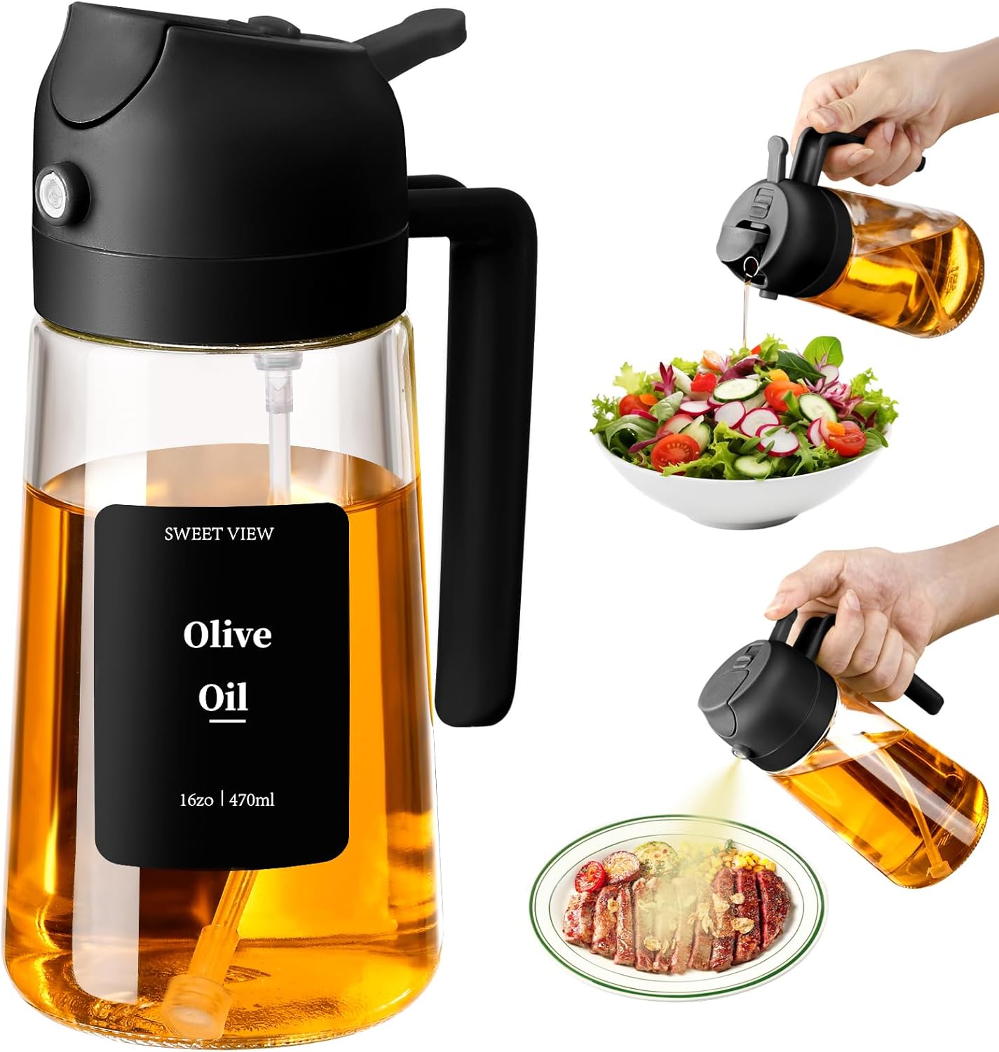 Olive Oil Spray Bottle, 470ml 2 In 1 Glass Oil Dispenser/Pour & Sprayr Bottle, K...