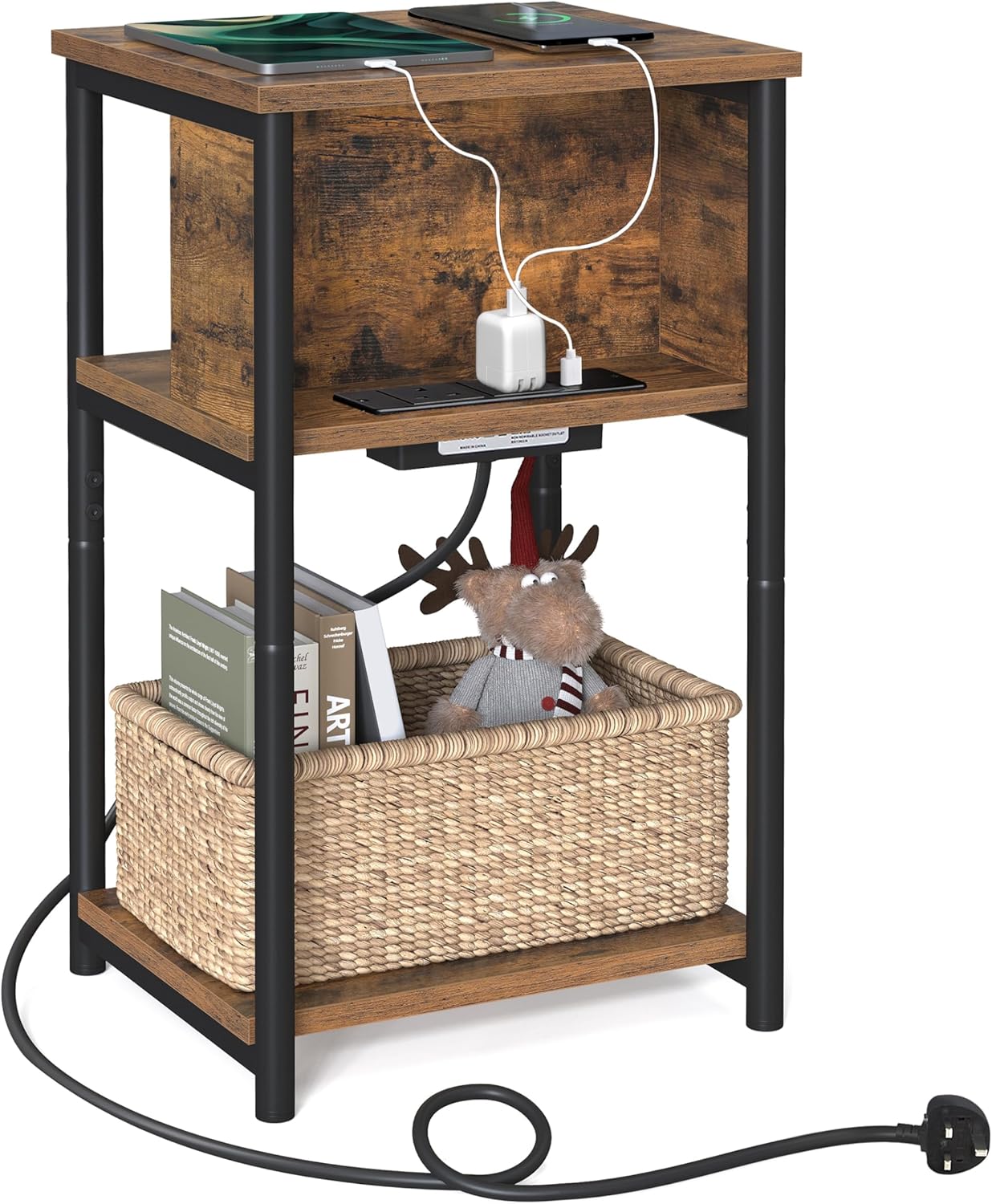 VASAGLE Slim Side Table with Charging Station, Narrow Bedside Table with 2 AC Ou...