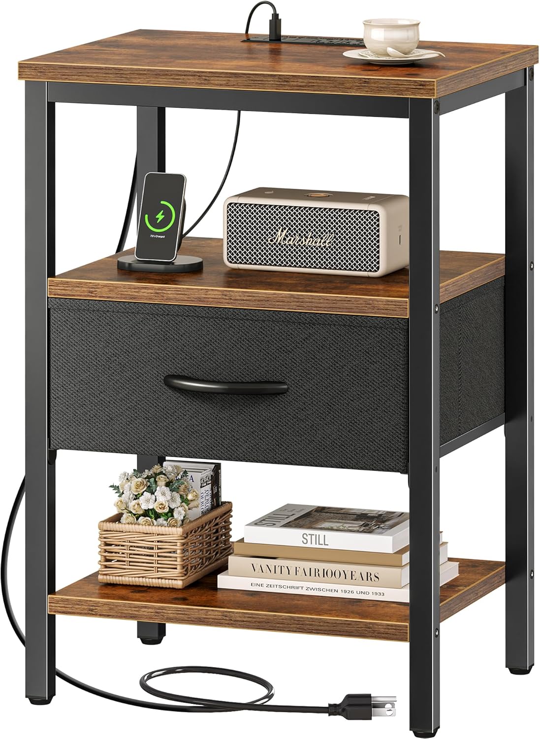 SUPERJARE Nightstand with Charging Station, Bed Side Table with Adjustable Fabri...